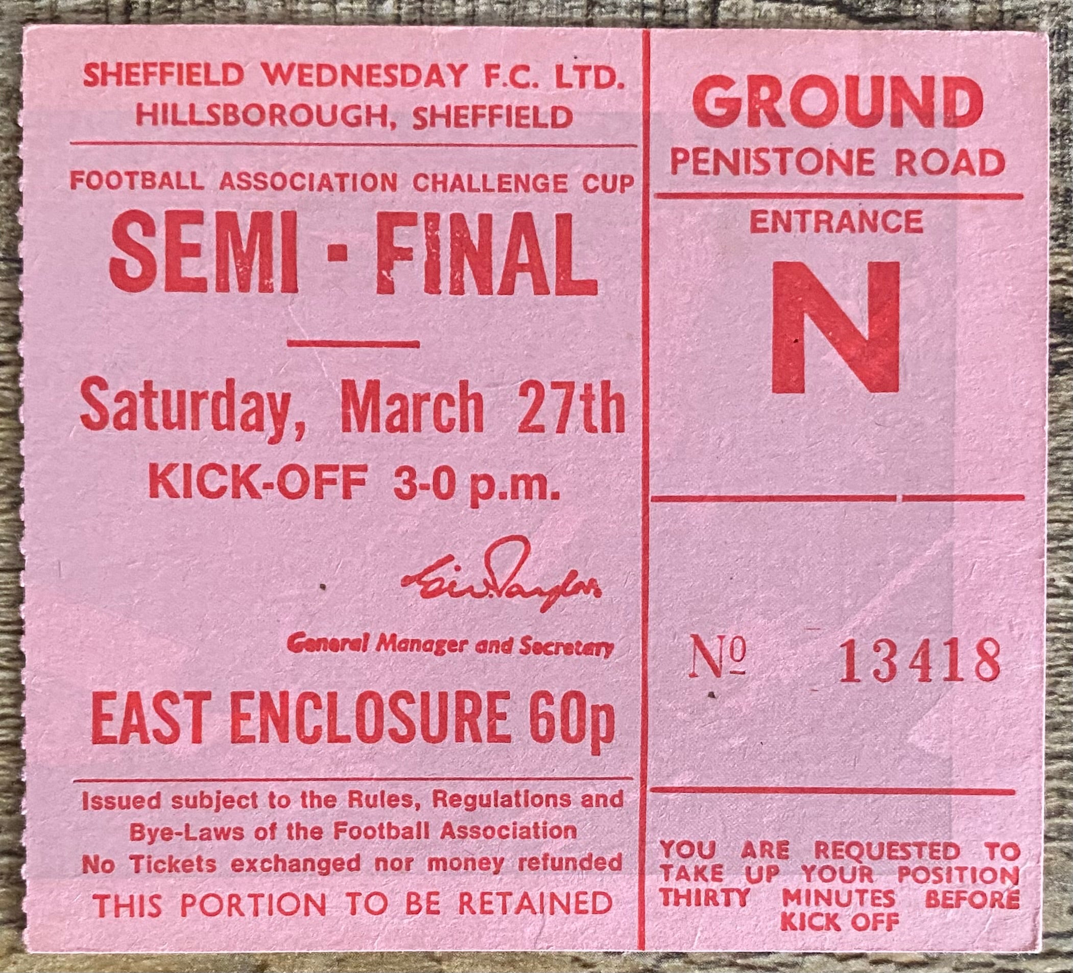 1971 ORIGINAL FA CUP SEMI FINAL TICKET STOKE CITY V ARSENAL @ HILLSBOROUGH