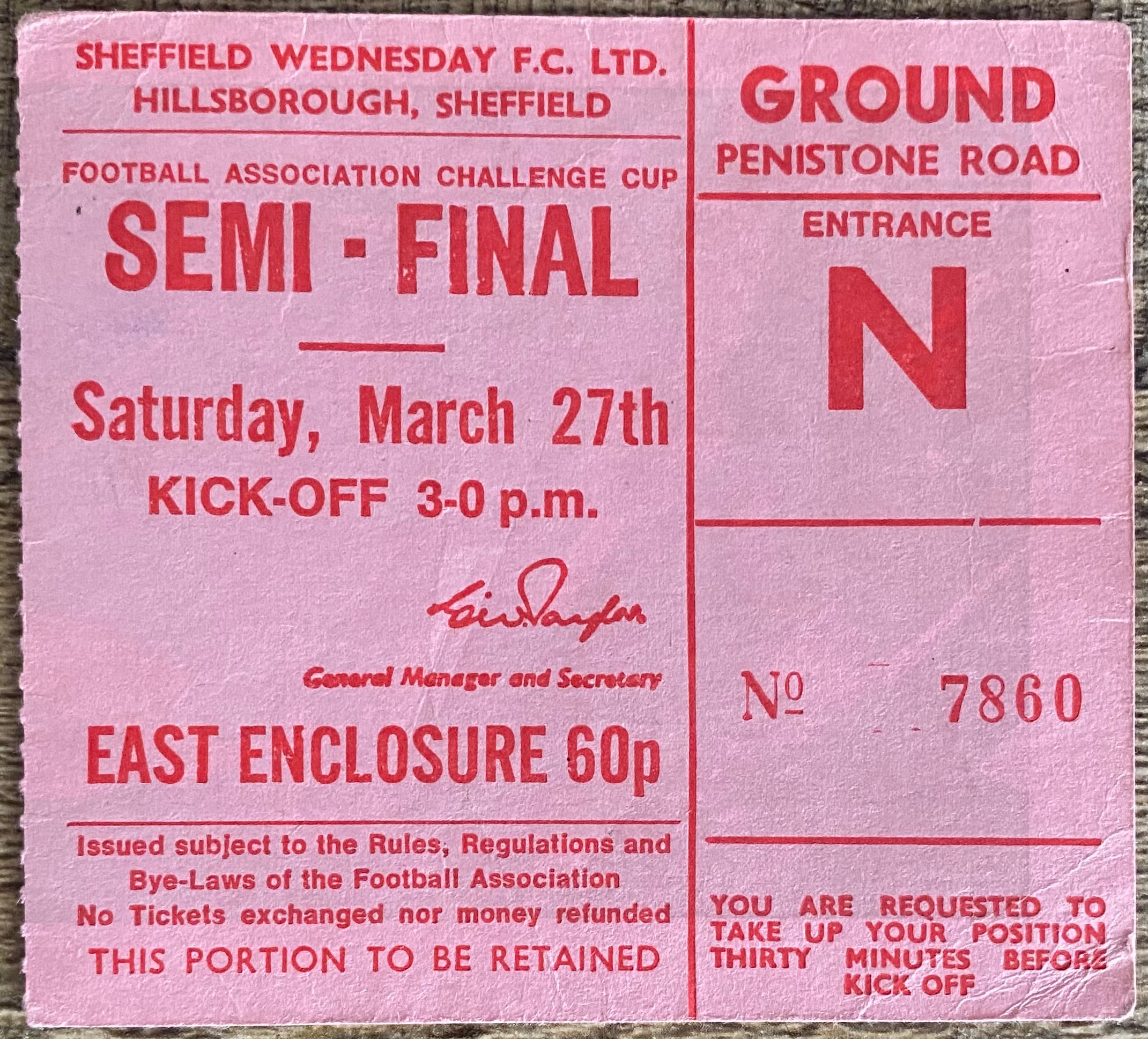 1971 ORIGINAL FA CUP SEMI FINAL TICKET STOKE CITY V ARSENAL @ HILLSBOROUGH