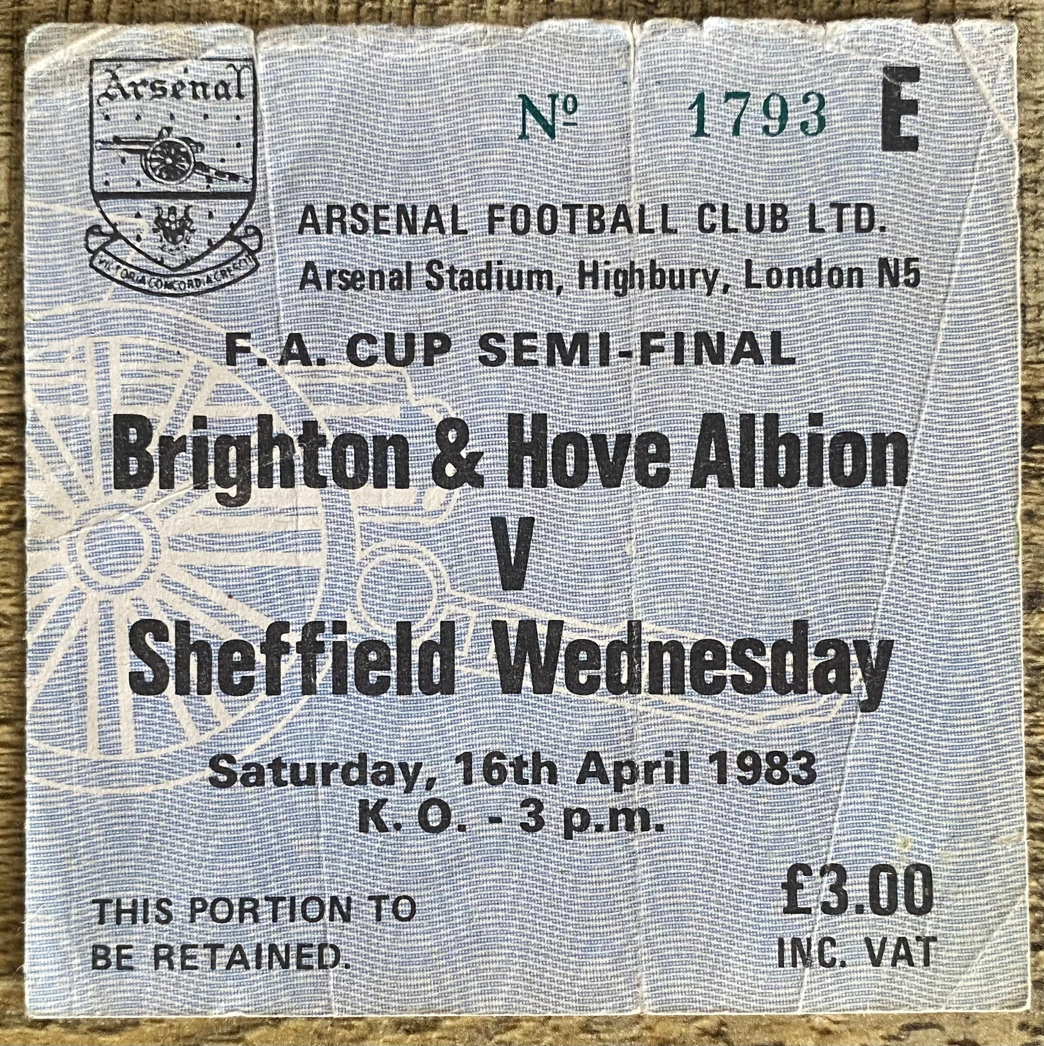 1983 ORIGINAL FA CUP SEMI FINAL TICKET BRIGHTON AND HOVE ALBION V SHEFFIELD WEDNESDAY @ HIGHBURY