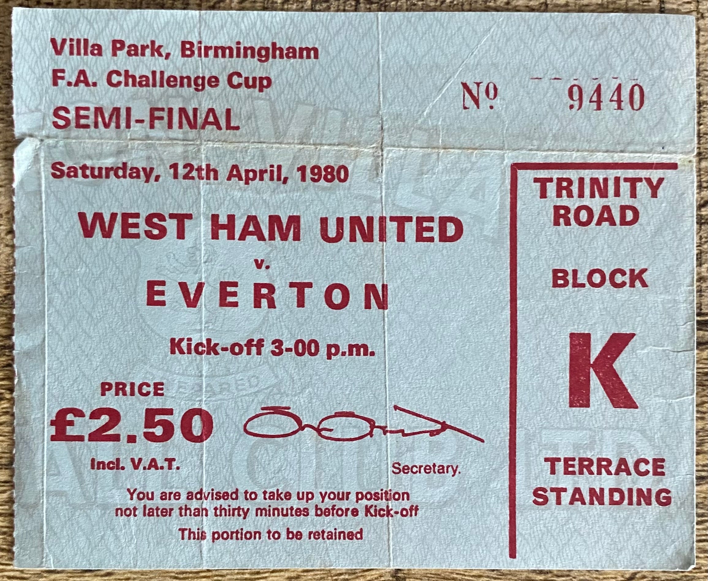 1980 ORIGINAL FA CUP SEMI FINAL TICKET WEST HAM UNITED V EVERTON @ VILLA PARK