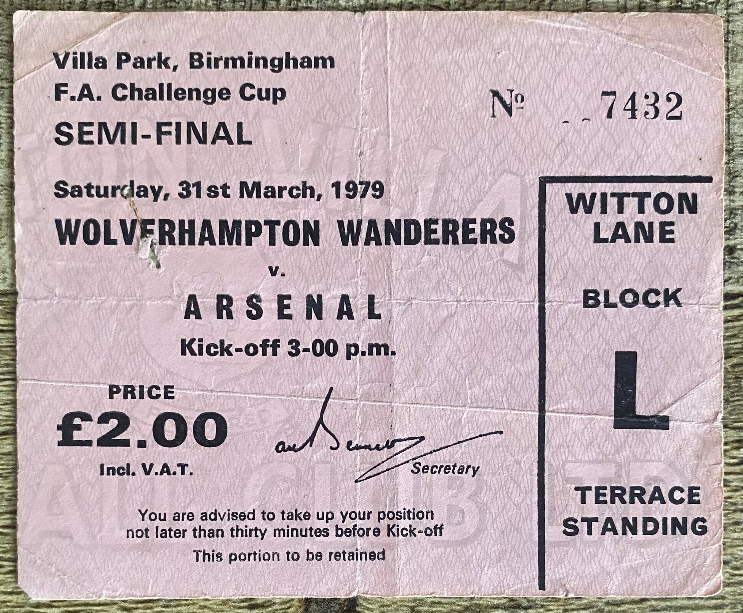 1979 ORIGINAL FA CUP SEMI FINAL TICKET WOLVERHAMPTON WANDERERS V ARSENAL @VILLA PARK