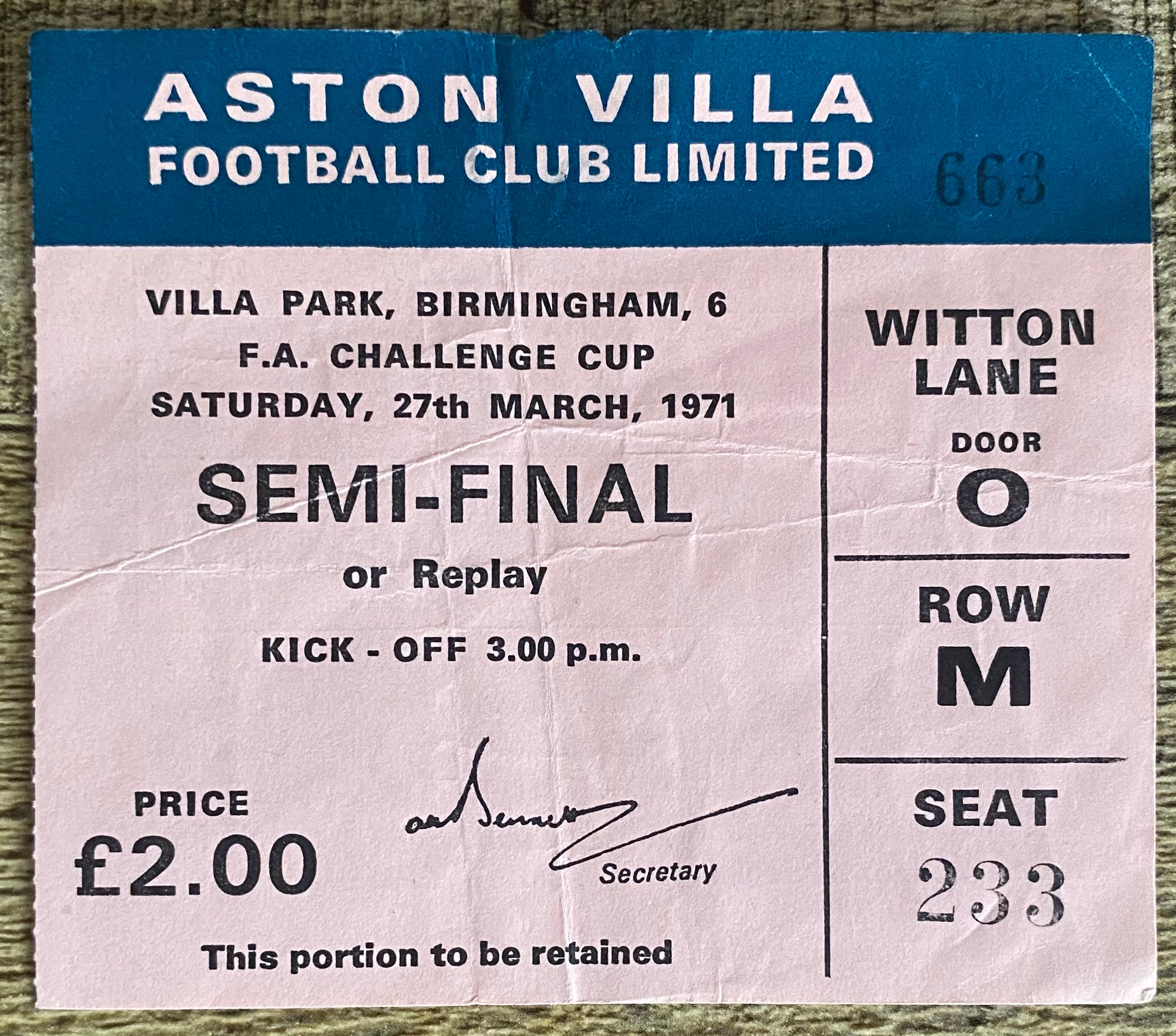 1971 ORIGINAL FA CUP SEMI FINAL REPLAY TICKET STOKE CITY V ARSENAL @VILLA PARK