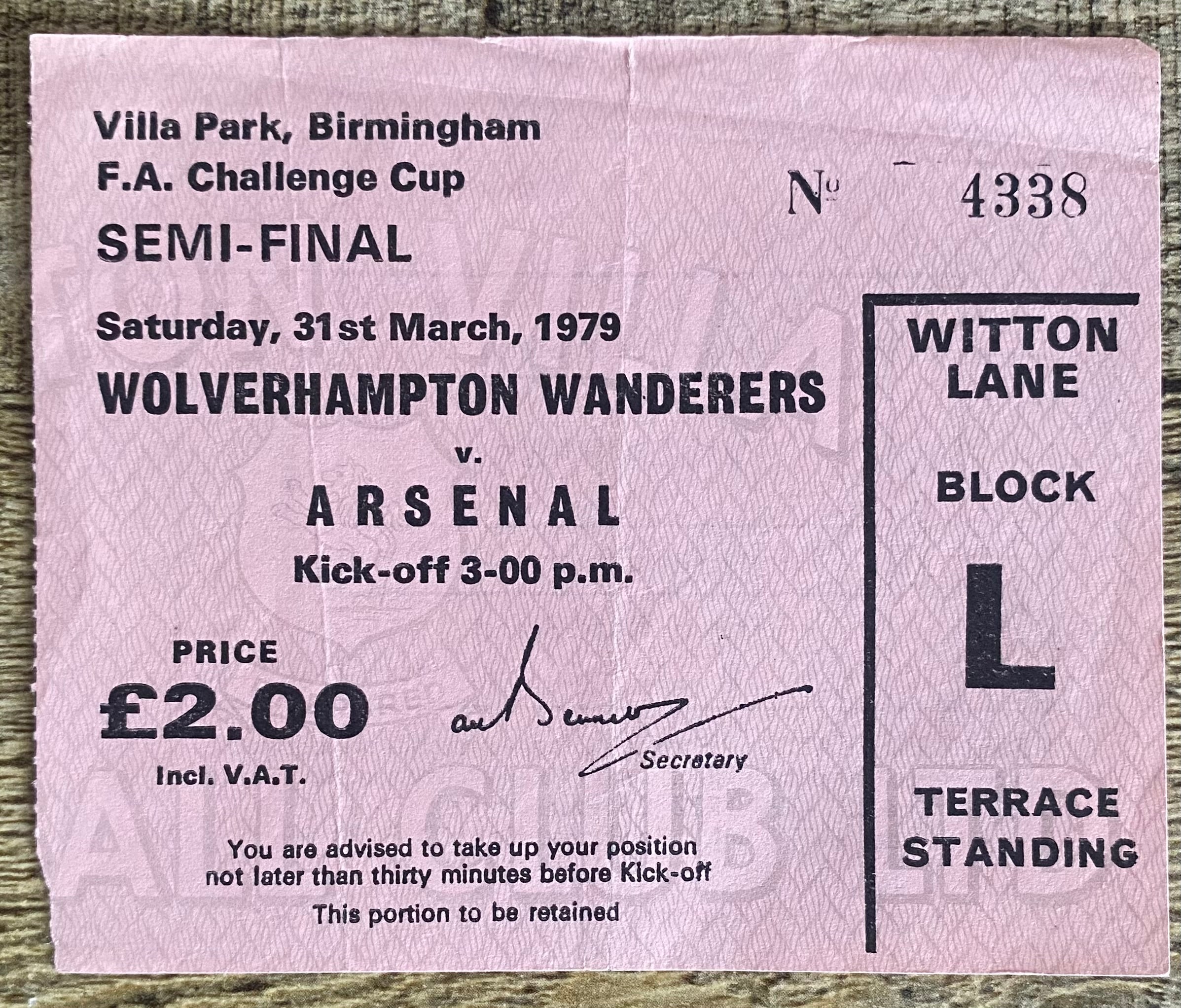 1979 ORIGINAL FA CUP SEMI FINAL TICKET WOLVERHAMPTON WANDERERS V ARSENAL @VILLA PARK