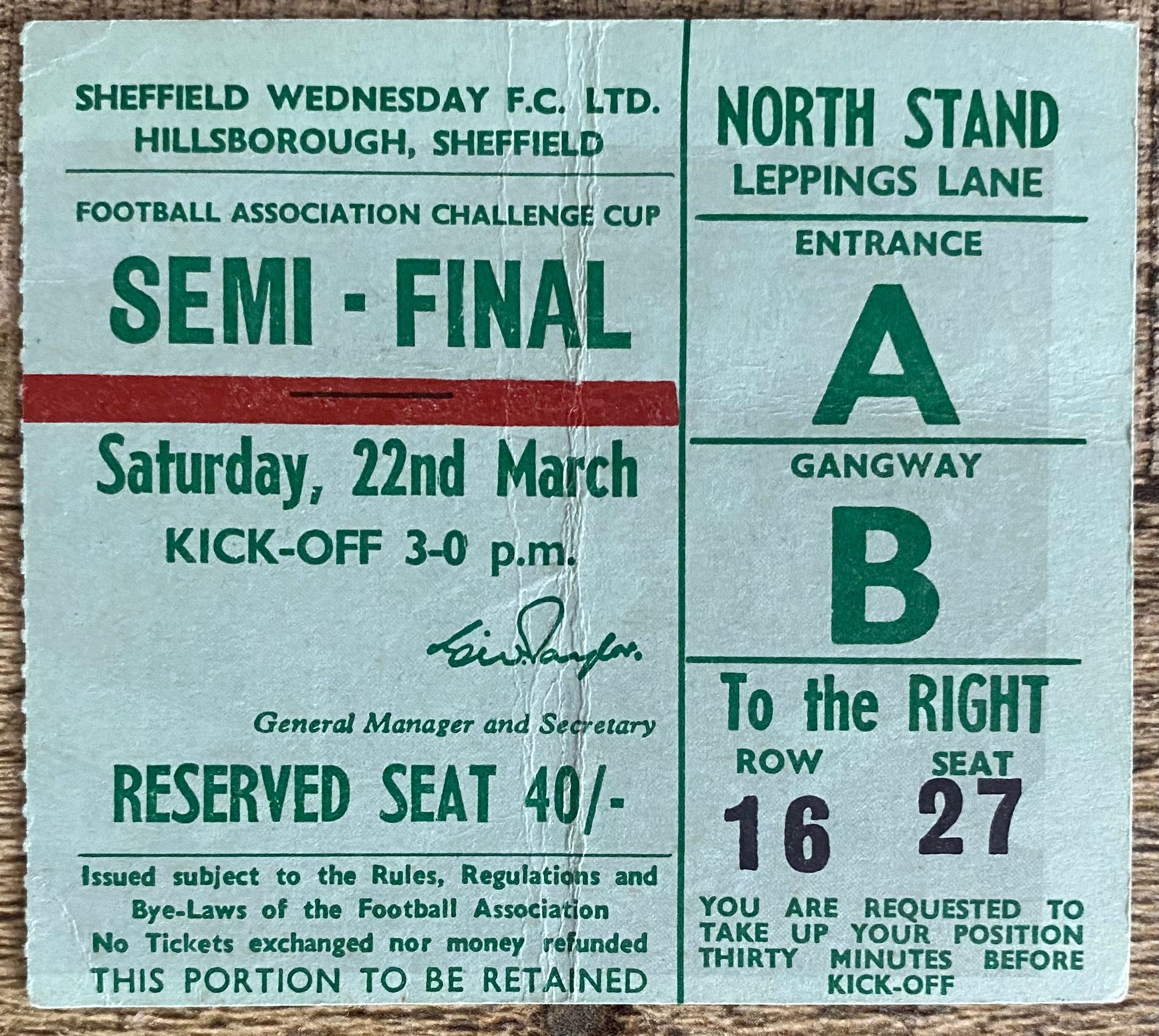 1969 ORIGINAL FA CUP SEMI FINAL TICKET LEICESTER CITY V WEST BROMWICH ALBION @ HILLSBOROUGH