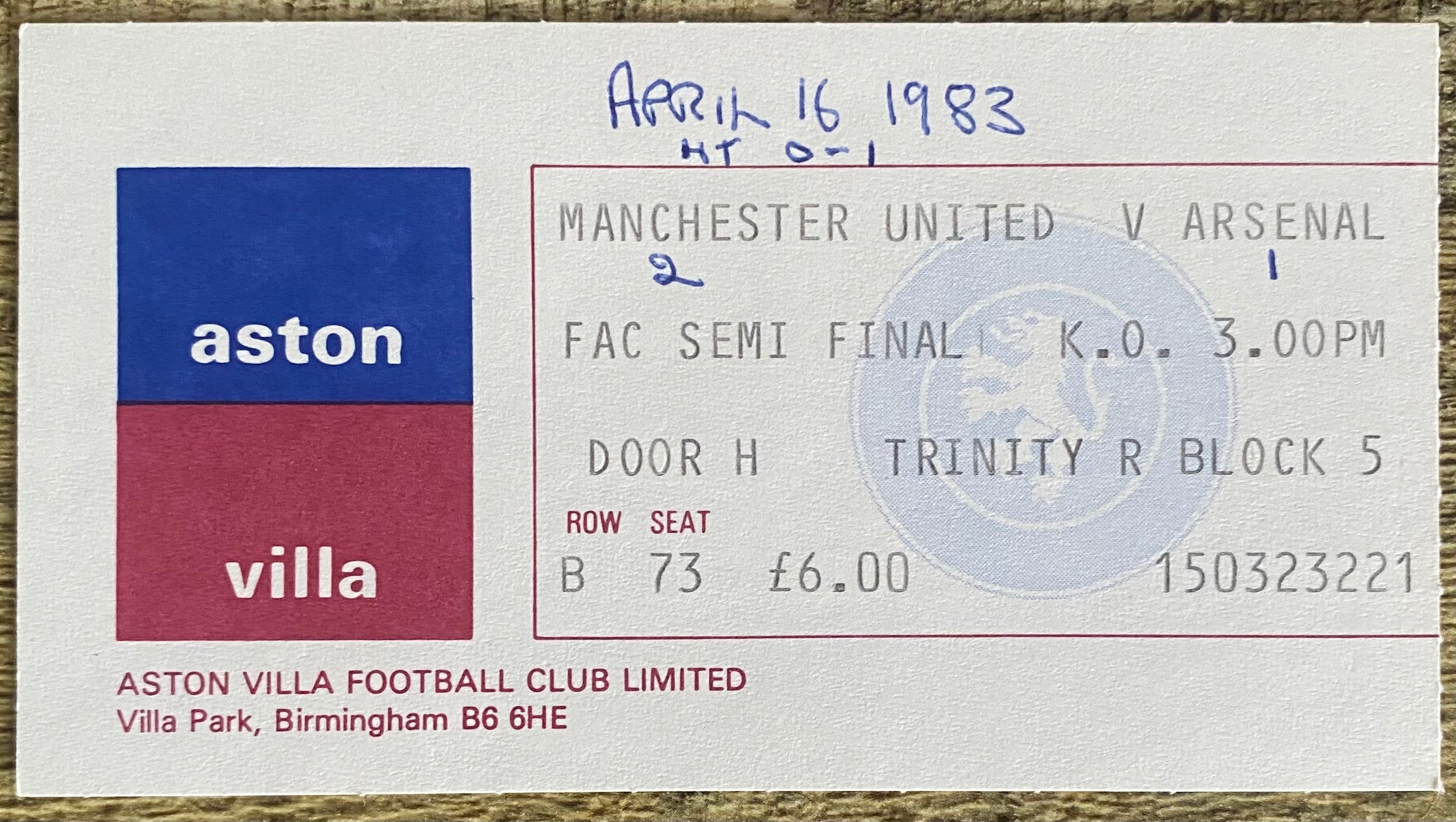 1983 ORIGINAL FA CUP SEMI FINAL TICKET MANCHESTER UNITED V ARSENAL @ VILLA PARK