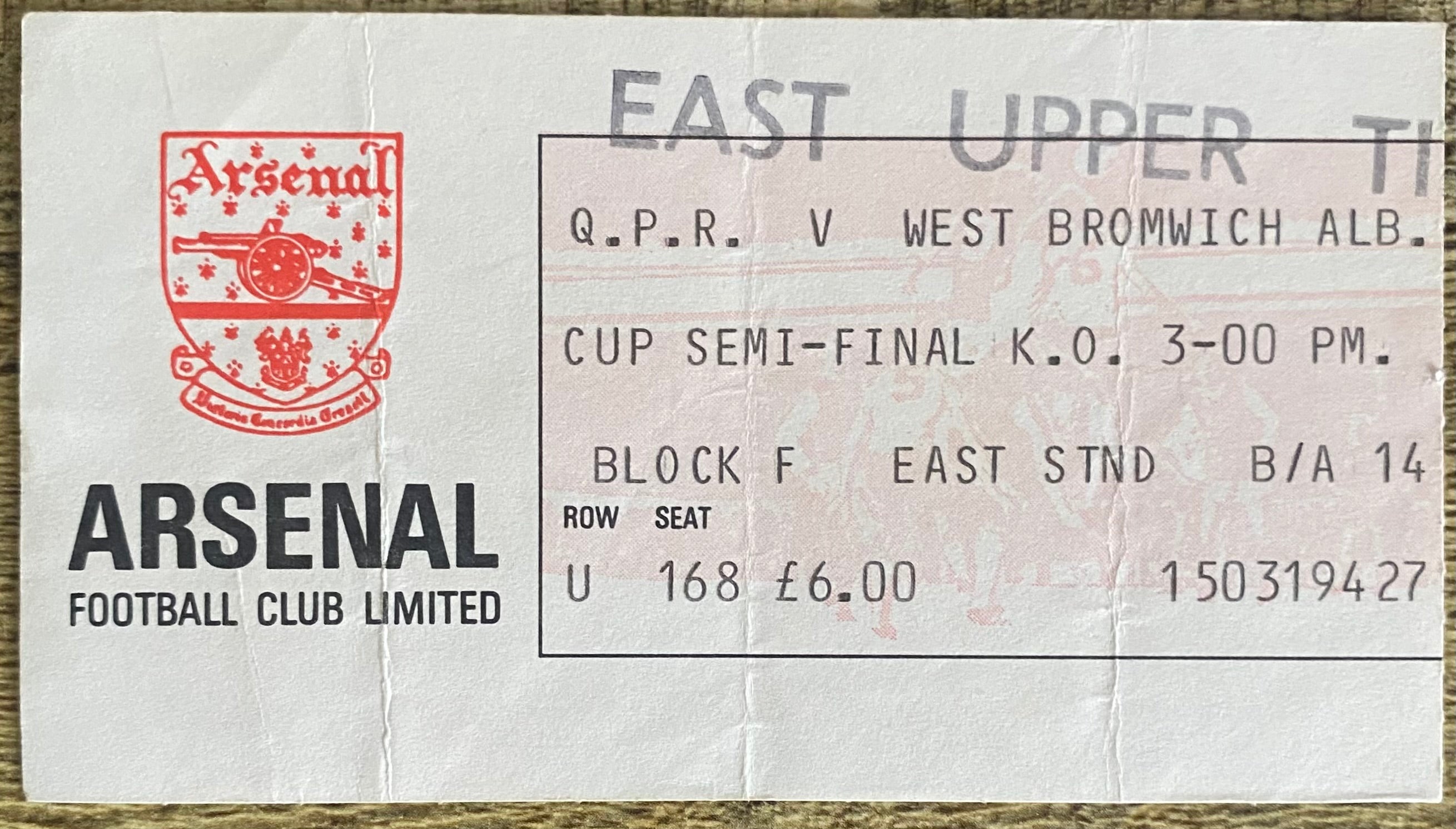 1982 ORIGINAL FA CUP SEMI FINAL TICKET QUEENS PARK RANGERS V WEST BROMWICH ALBION @ HIGHBURY