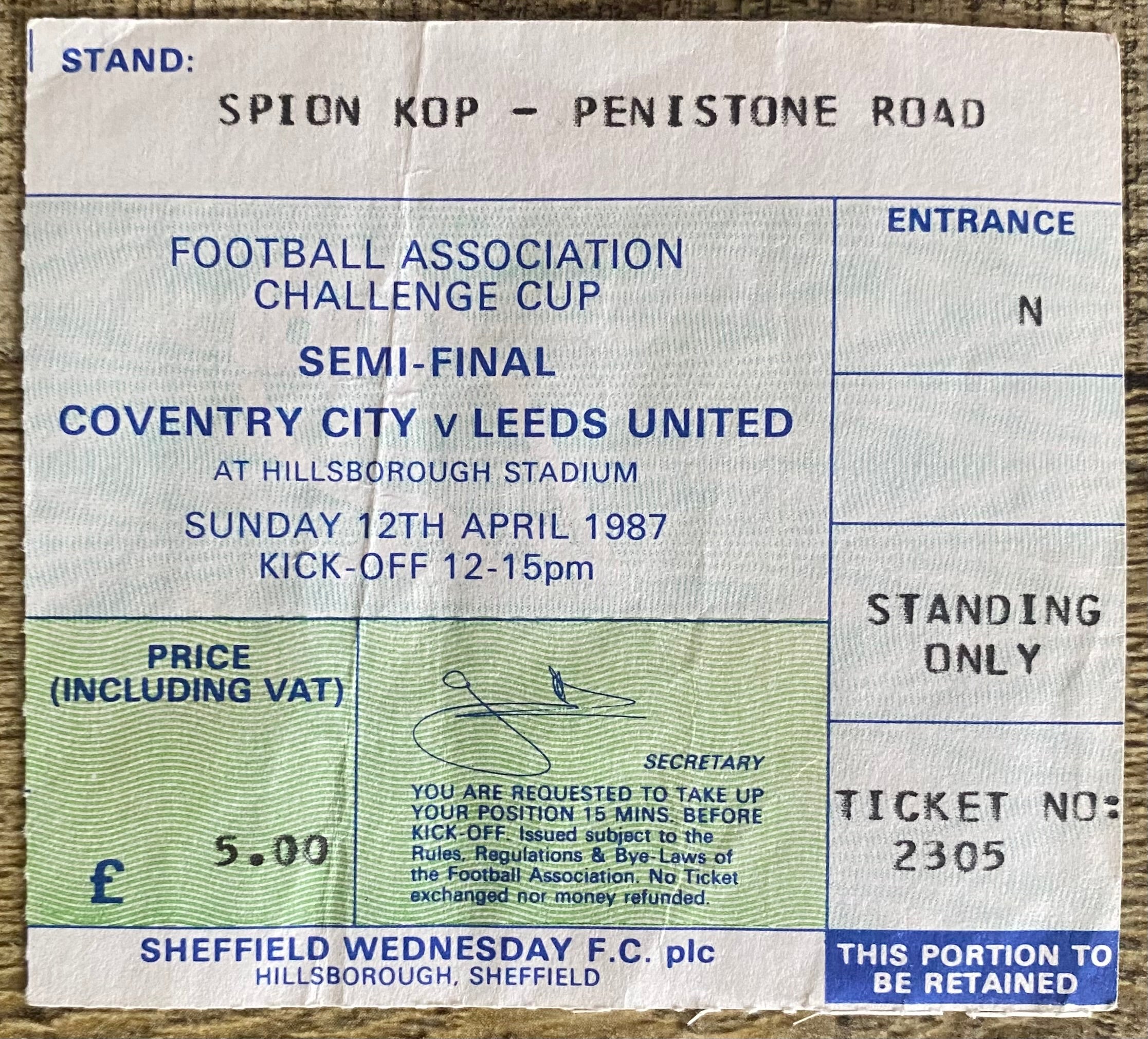 1987 ORIGINAL FA CUP SEMI FINAL TICKET LEEDS UNITED V COVENTRY CITY @ HILLSBOROUGH
