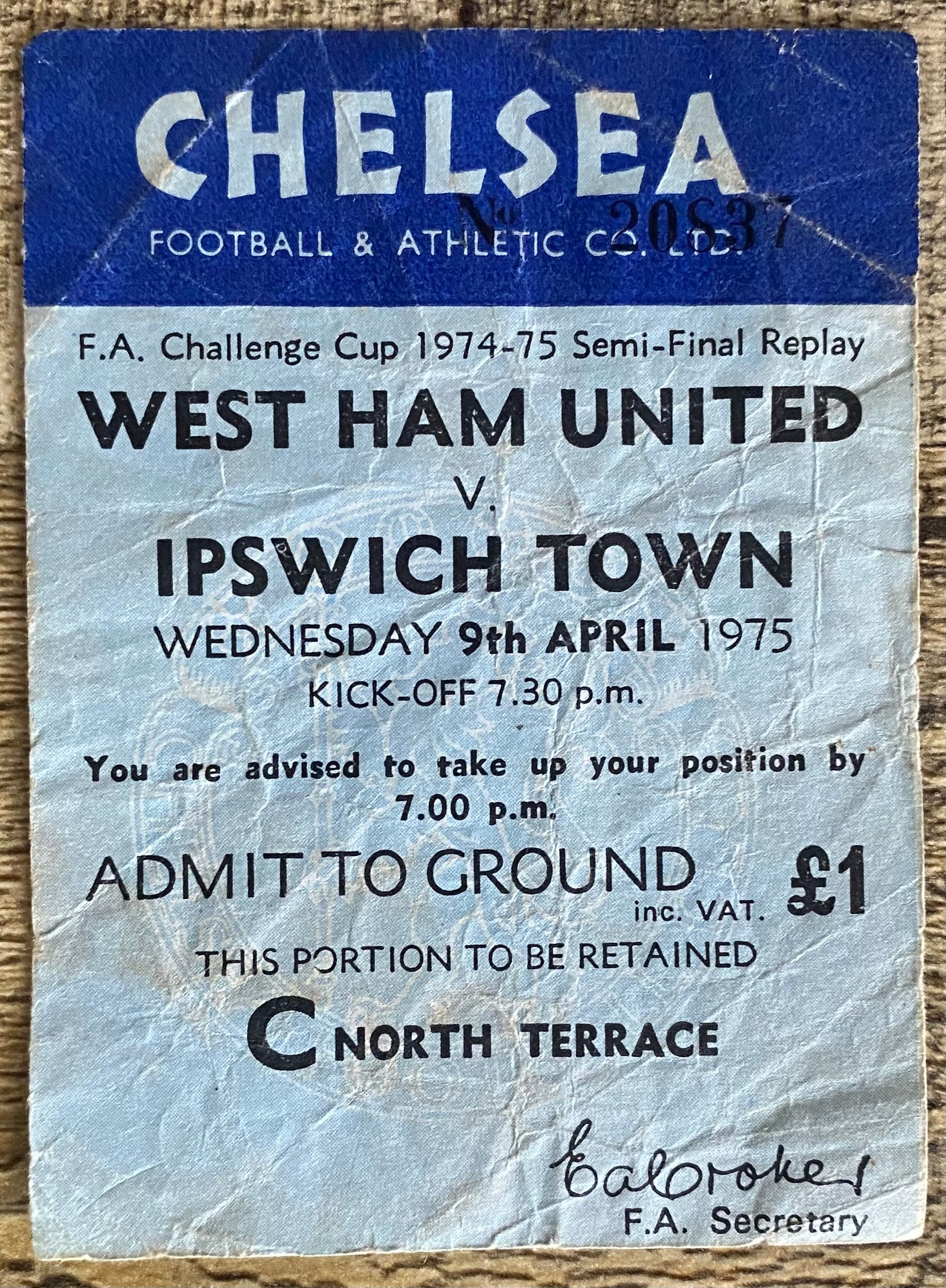 1975 ORIGINAL FA CUP SEMI FINAL REPLAY TICKET WEST HAM UNITED V IPSWICH TOWN @ STAMFORD BRIDGE