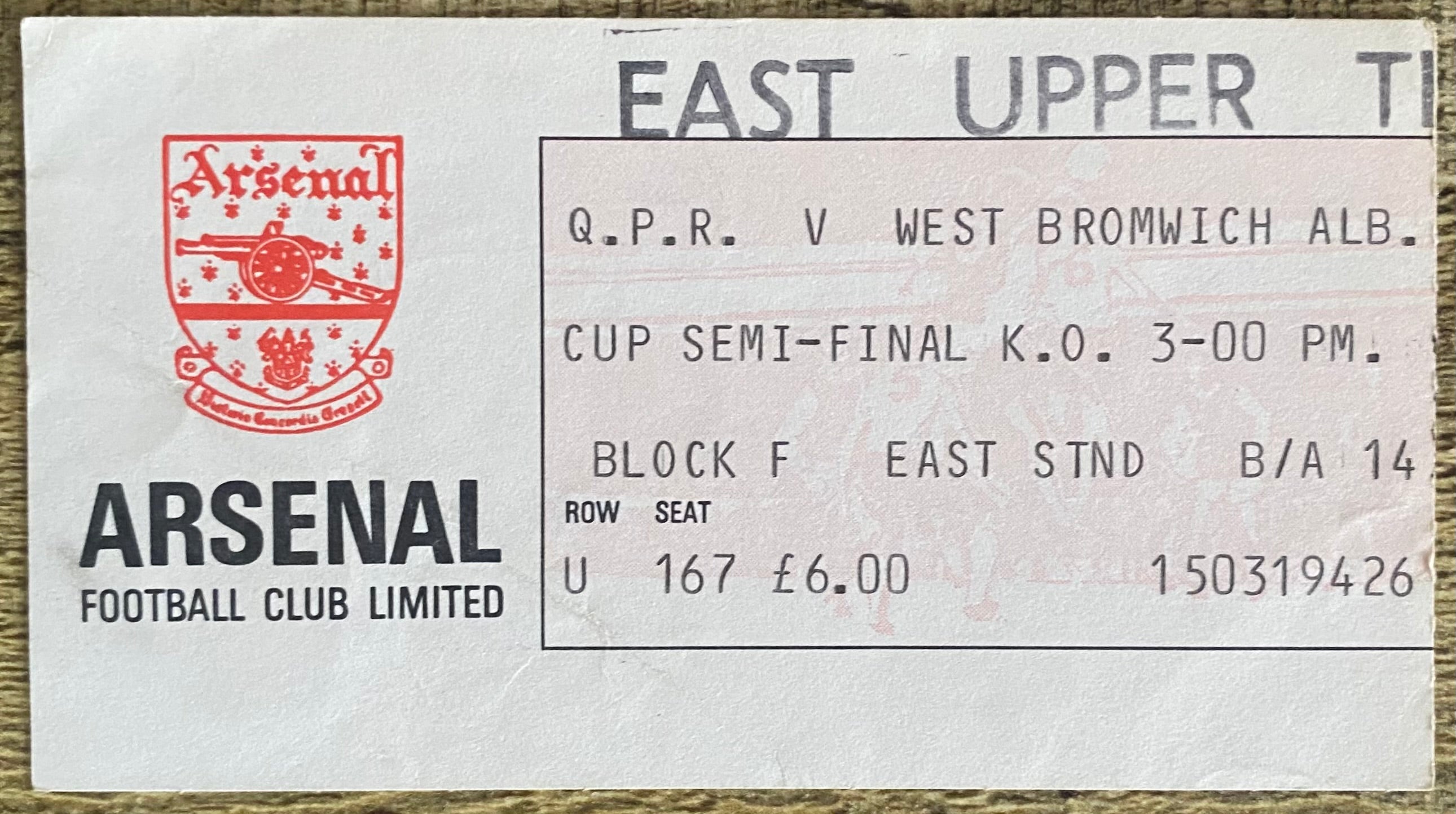 1982 ORIGINAL FA CUP SEMI FINAL TICKET QUEENS PARK RANGERS V WEST BROMWICH ALBION @ HIGHBURY