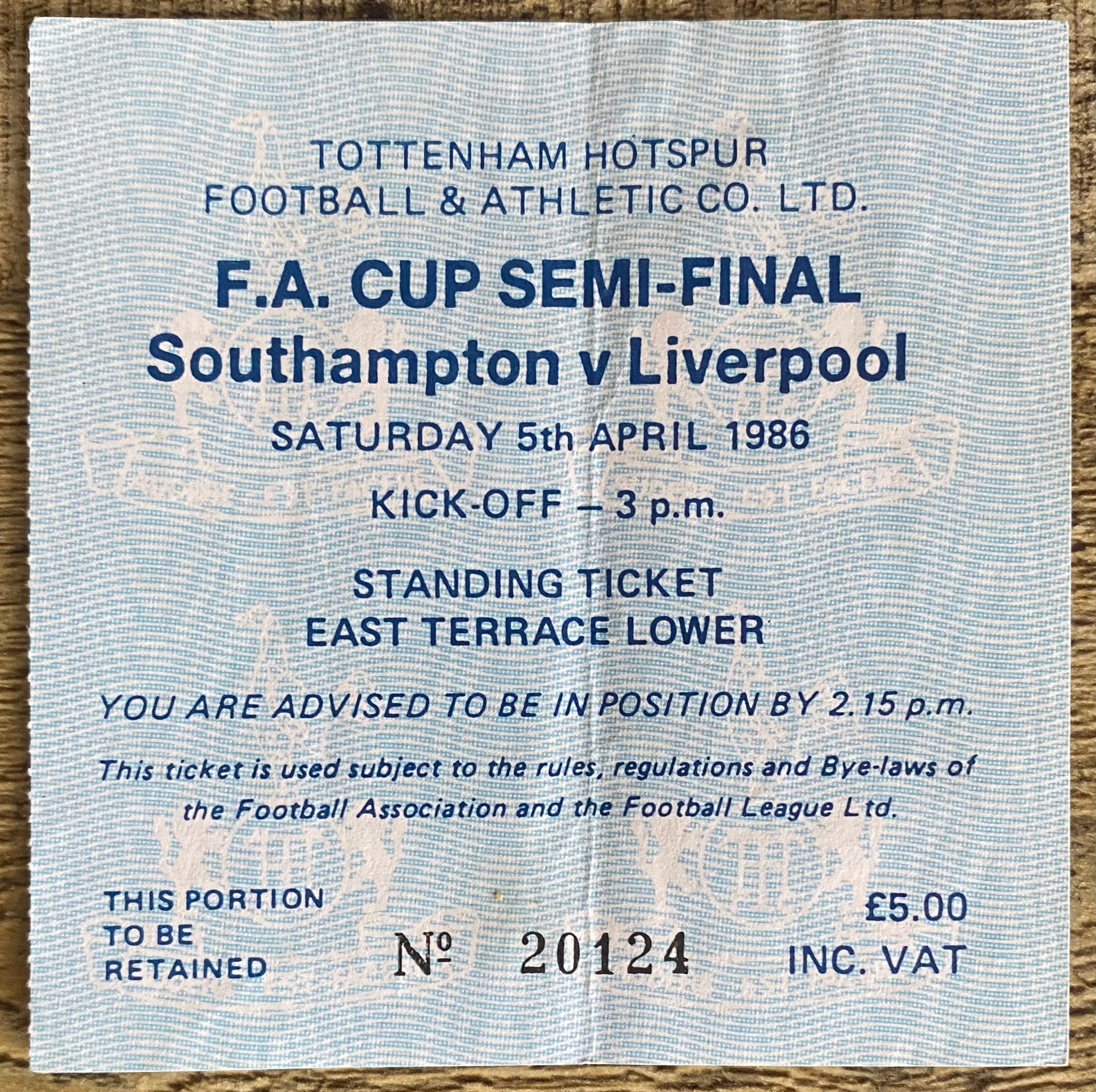 1986 ORIGINAL FA CUP SEMI FINAL TICKET LIVERPOOL V SOUTHAMPTON @ WHITE HART LANE