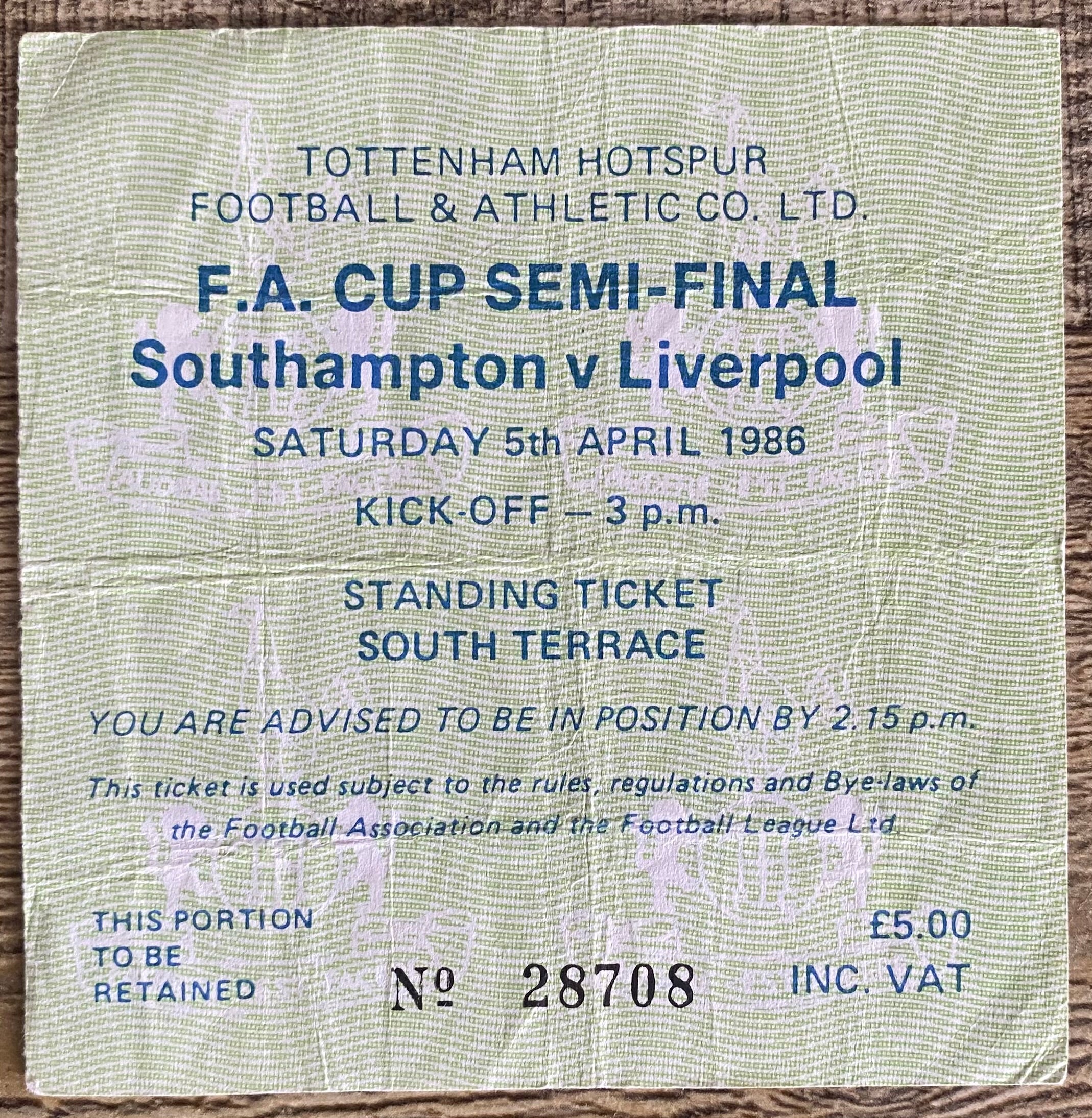 1986 ORIGINAL FA CUP SEMI FINAL TICKET LIVERPOOL V SOUTHAMPTON @ WHITE HART LANE