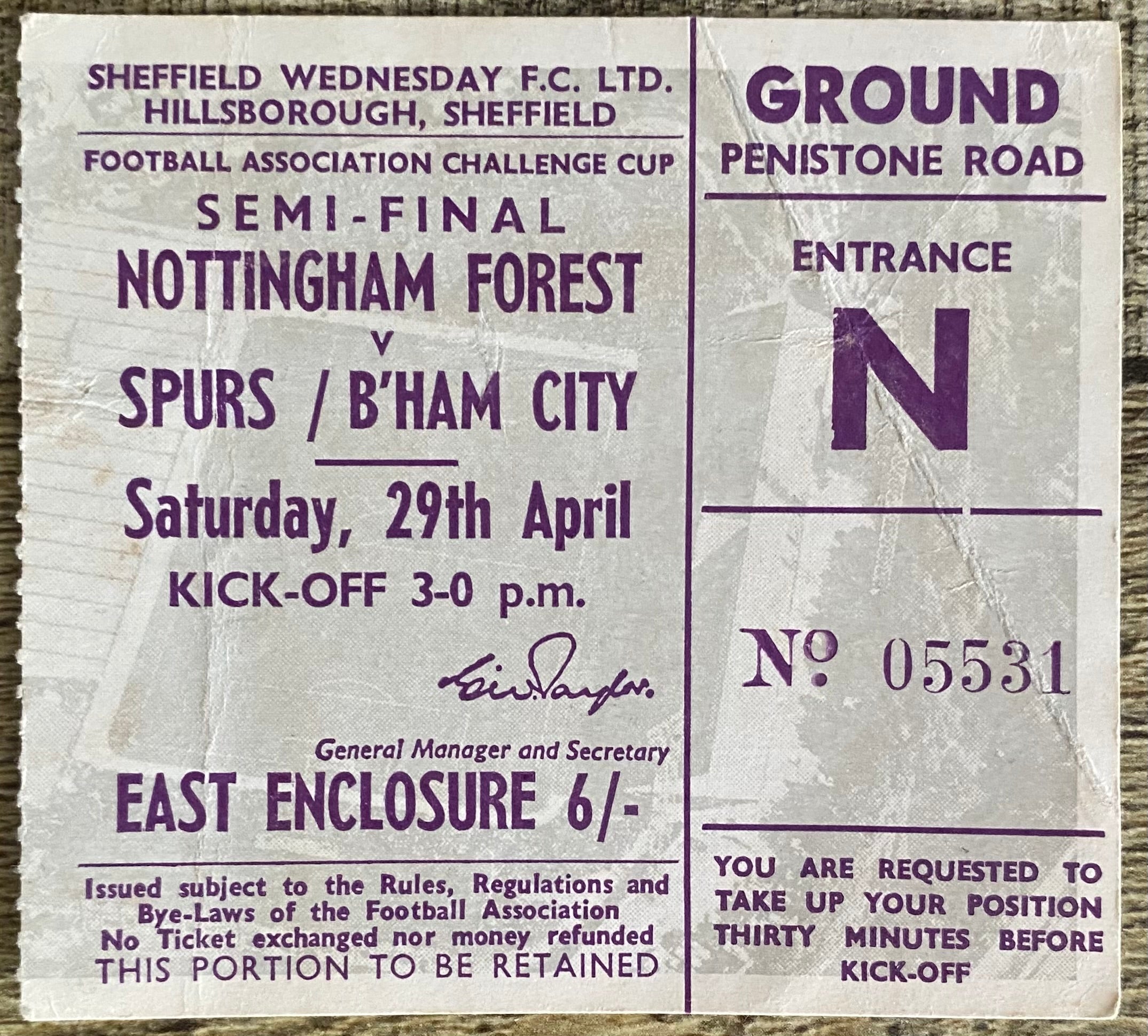 1967 ORIGINAL FA CUP SEMI FINAL TICKET TOTTENHAM HOTSPUR V BIRMINGHAM CITY @ HILLSBOROUGH