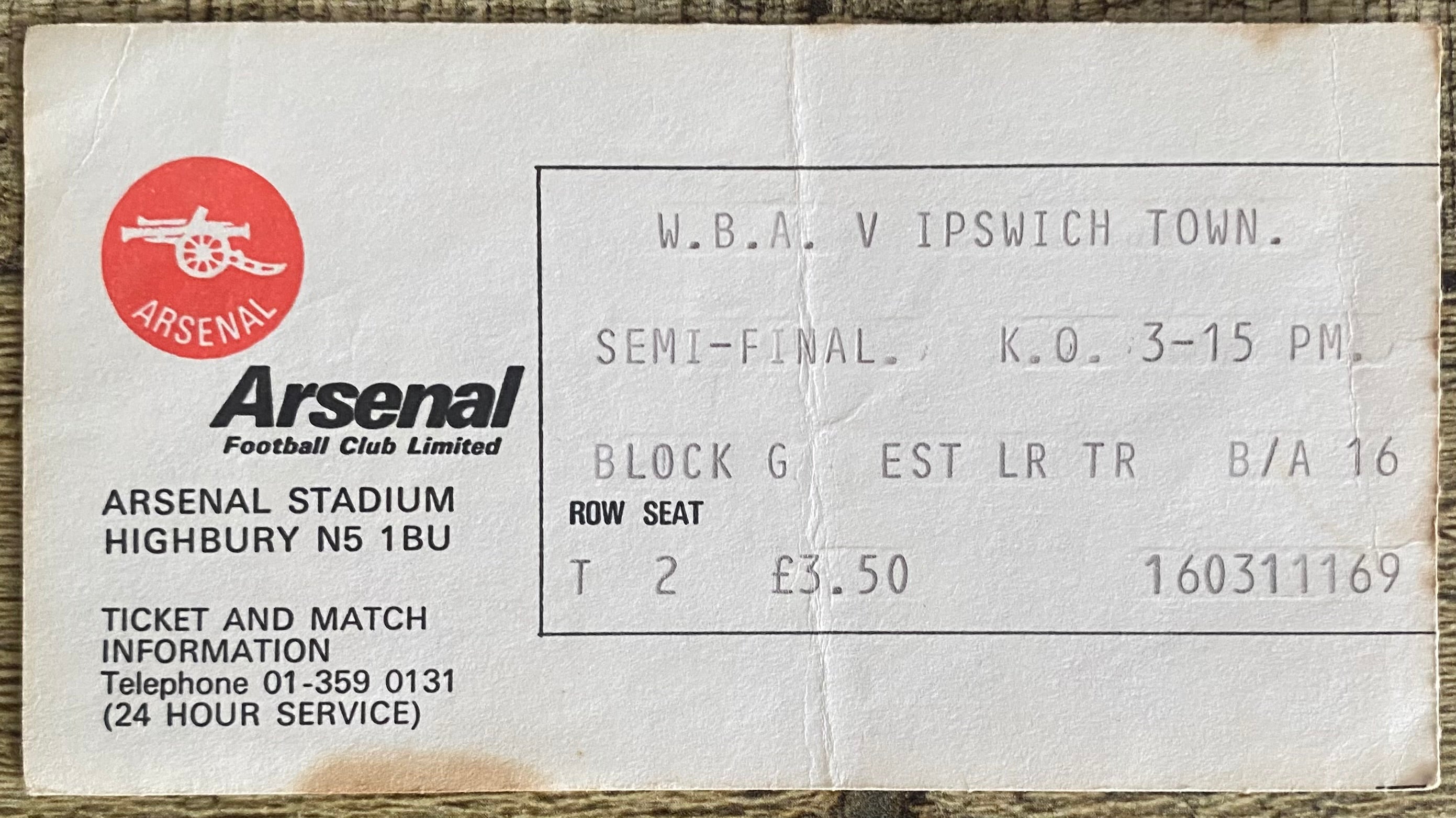 1978 ORIGINAL FA CUP SEMI FINAL TICKET IPSWICH TOWN V WEST BROMWICH ALBION @ HIGHBURY