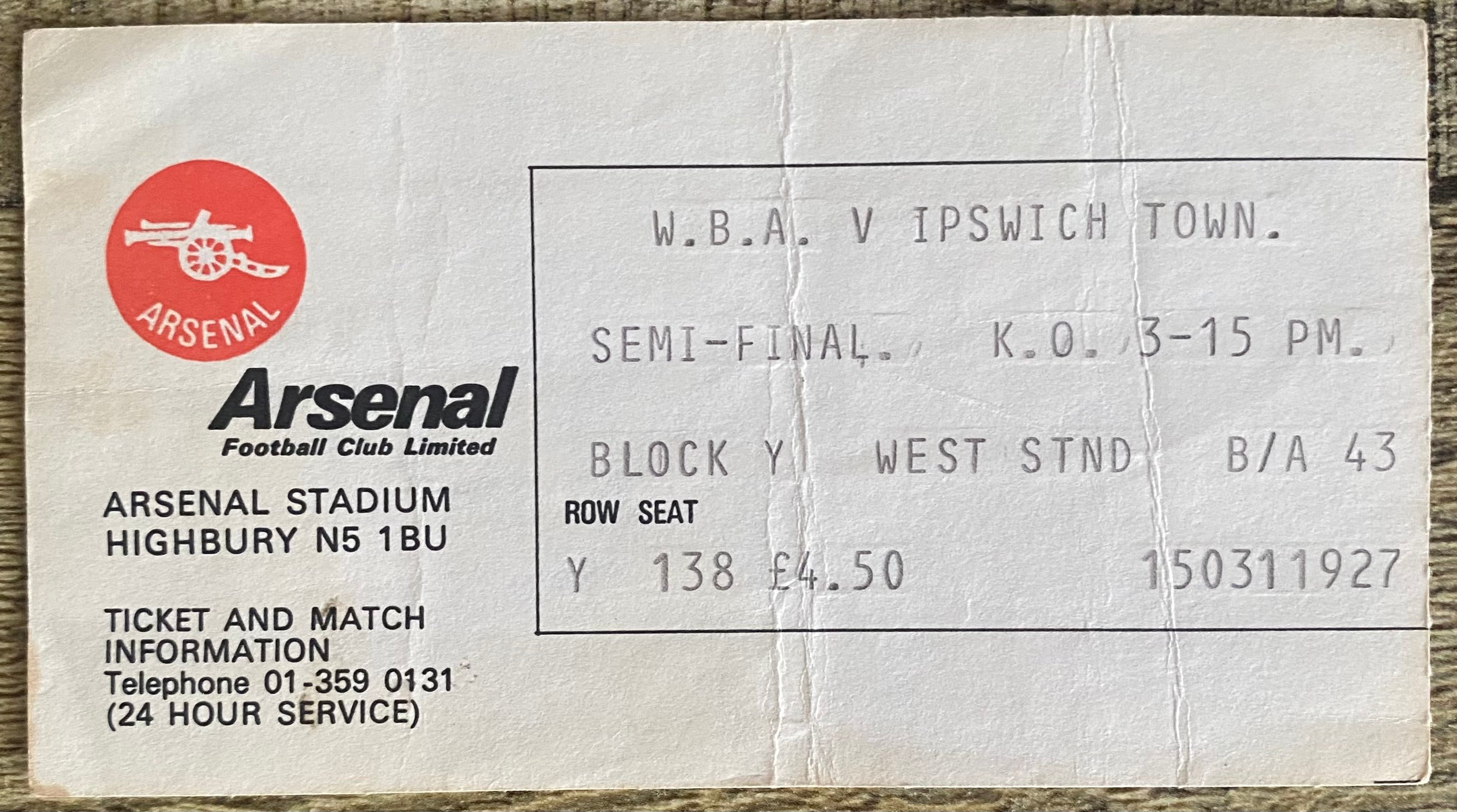 1978 ORIGINAL FA CUP SEMI FINAL TICKET IPSWICH TOWN V WEST BROMWICH ALBION @ HIGHBURY