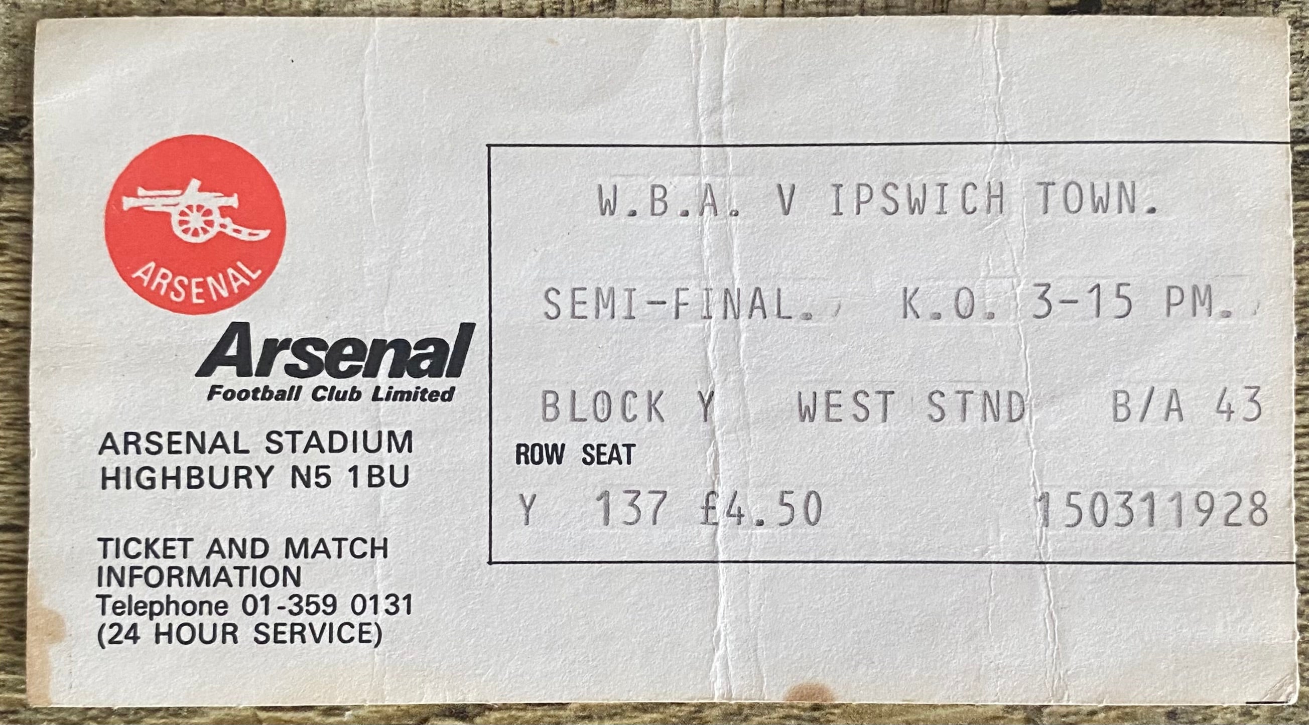 1978 ORIGINAL FA CUP SEMI FINAL TICKET IPSWICH TOWN V WEST BROMWICH ALBION @ HIGHBURY