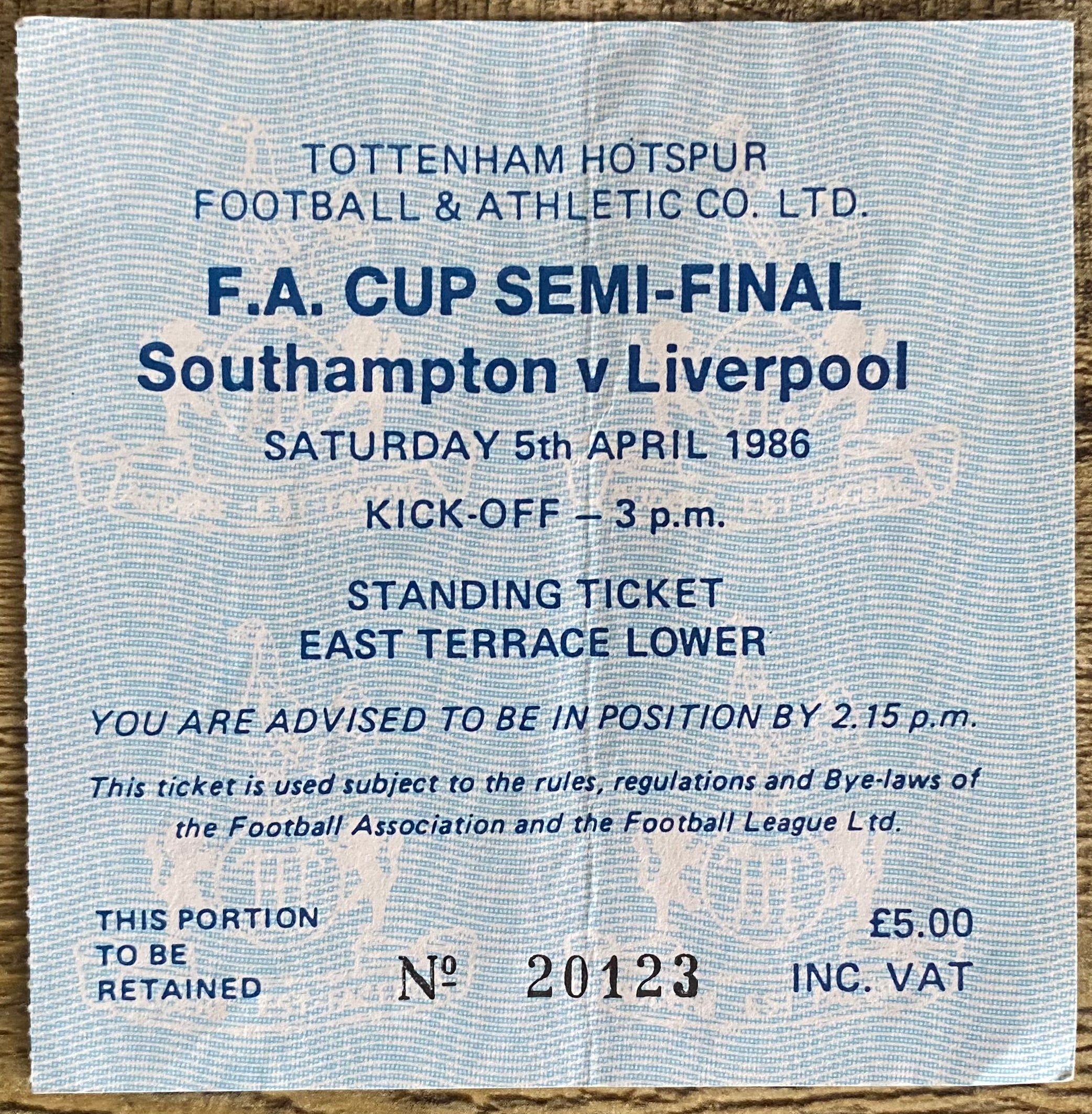 1986 ORIGINAL FA CUP SEMI FINAL TICKET LIVERPOOL V SOUTHAMPTON @ WHITE HART LANE