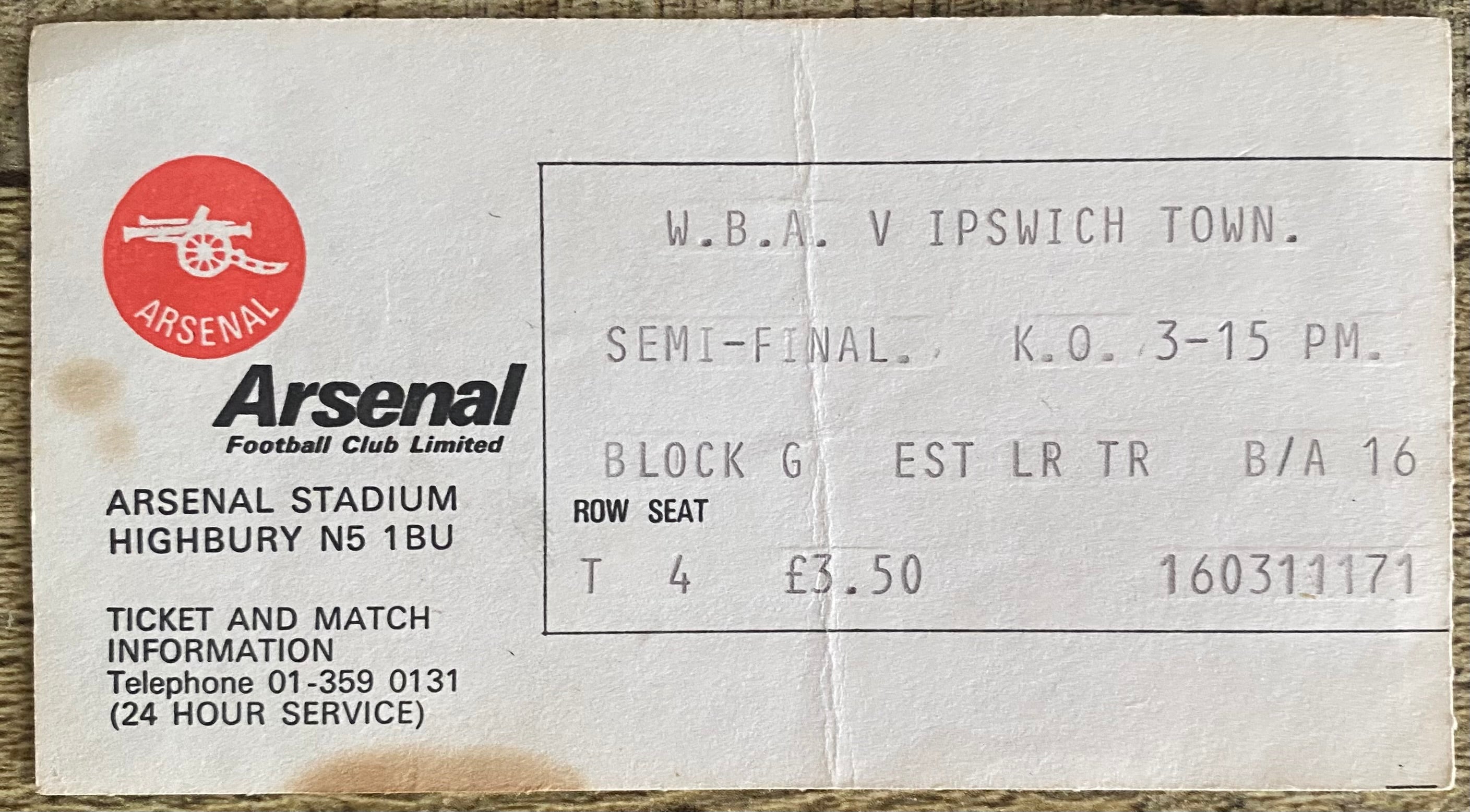 1978 ORIGINAL FA CUP SEMI FINAL TICKET IPSWICH TOWN V WEST BROMWICH ALBION @ HIGHBURY