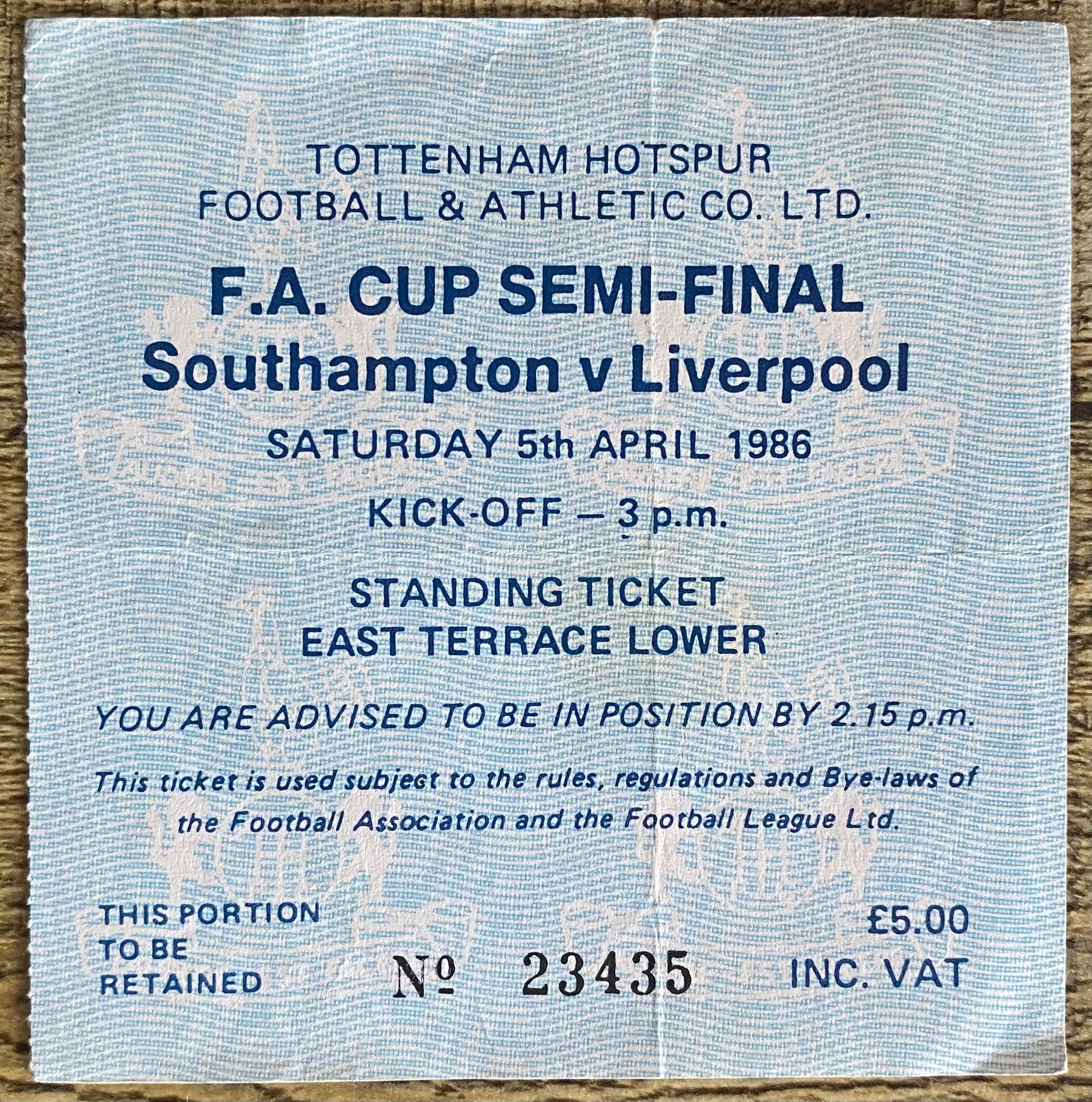 1986 ORIGINAL FA CUP SEMI FINAL TICKET LIVERPOOL V SOUTHAMPTON @ WHITE HART LANE