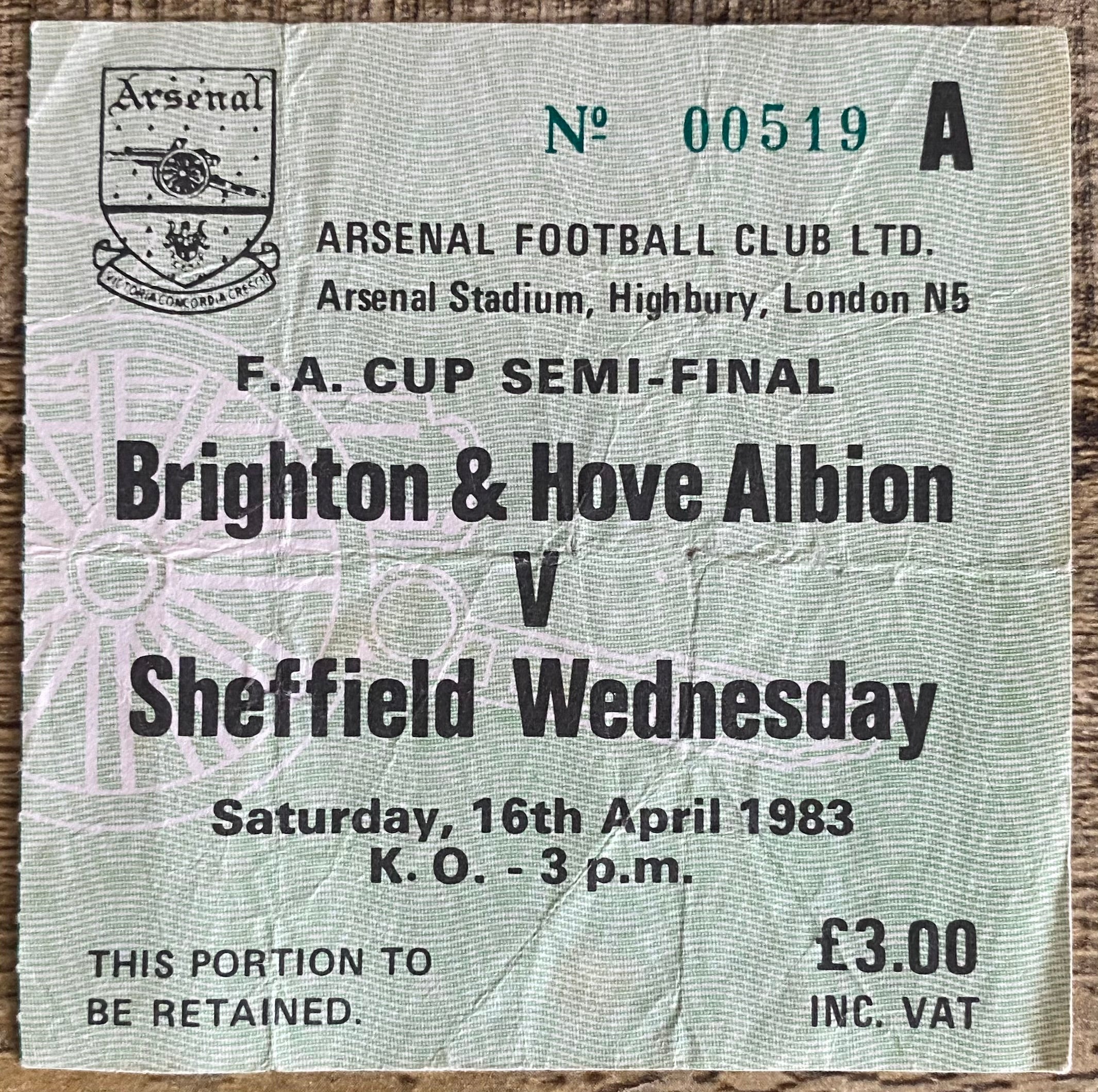 1983 ORIGINAL FA CUP SEMI FINAL TICKET BRIGHTON AND HOVE ALBION V SHEFFIELD WEDNESDAY @ HIGHBURY
