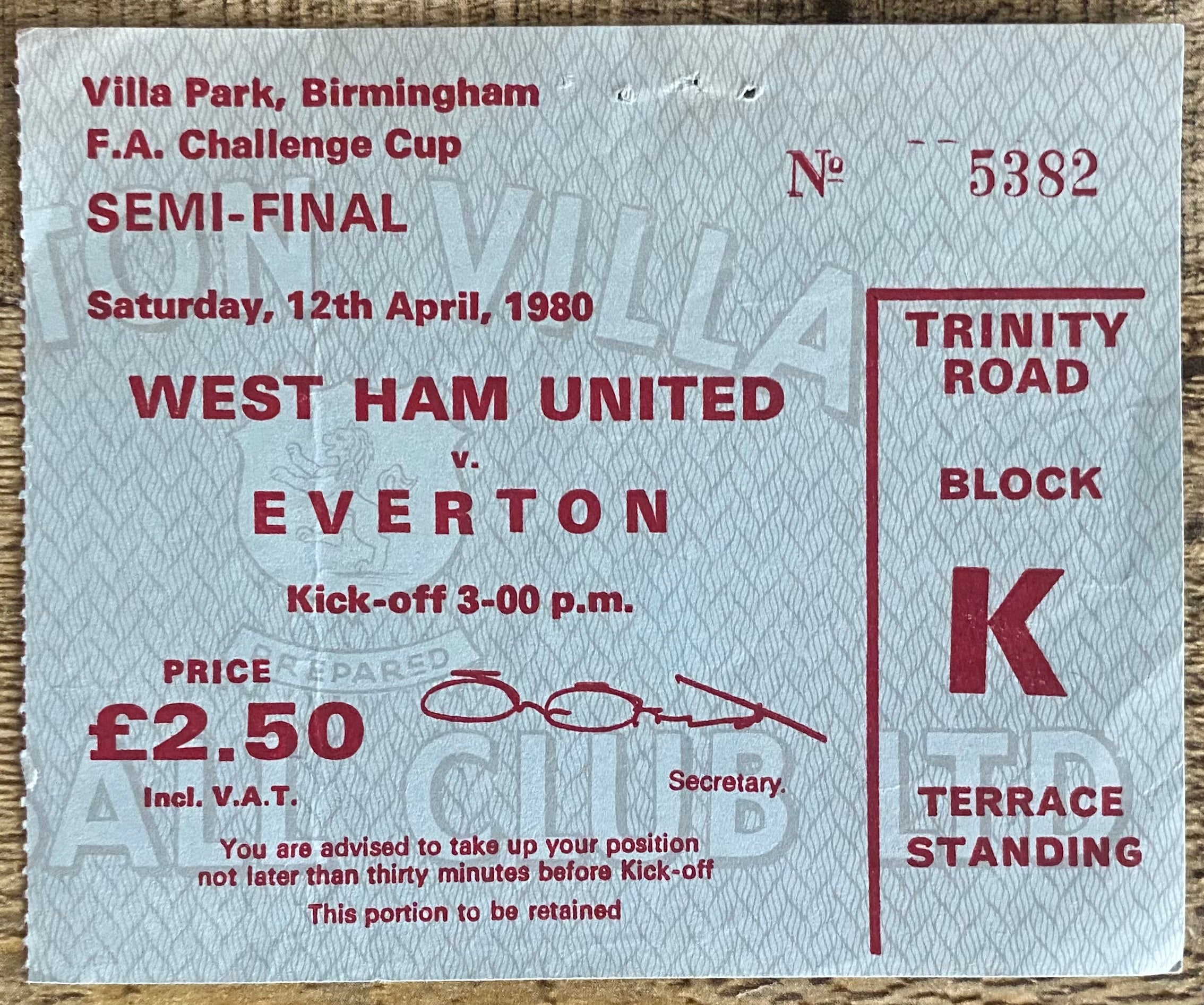1980 ORIGINAL FA CUP SEMI FINAL TICKET WEST HAM UNITED V EVERTON @ VILLA PARK