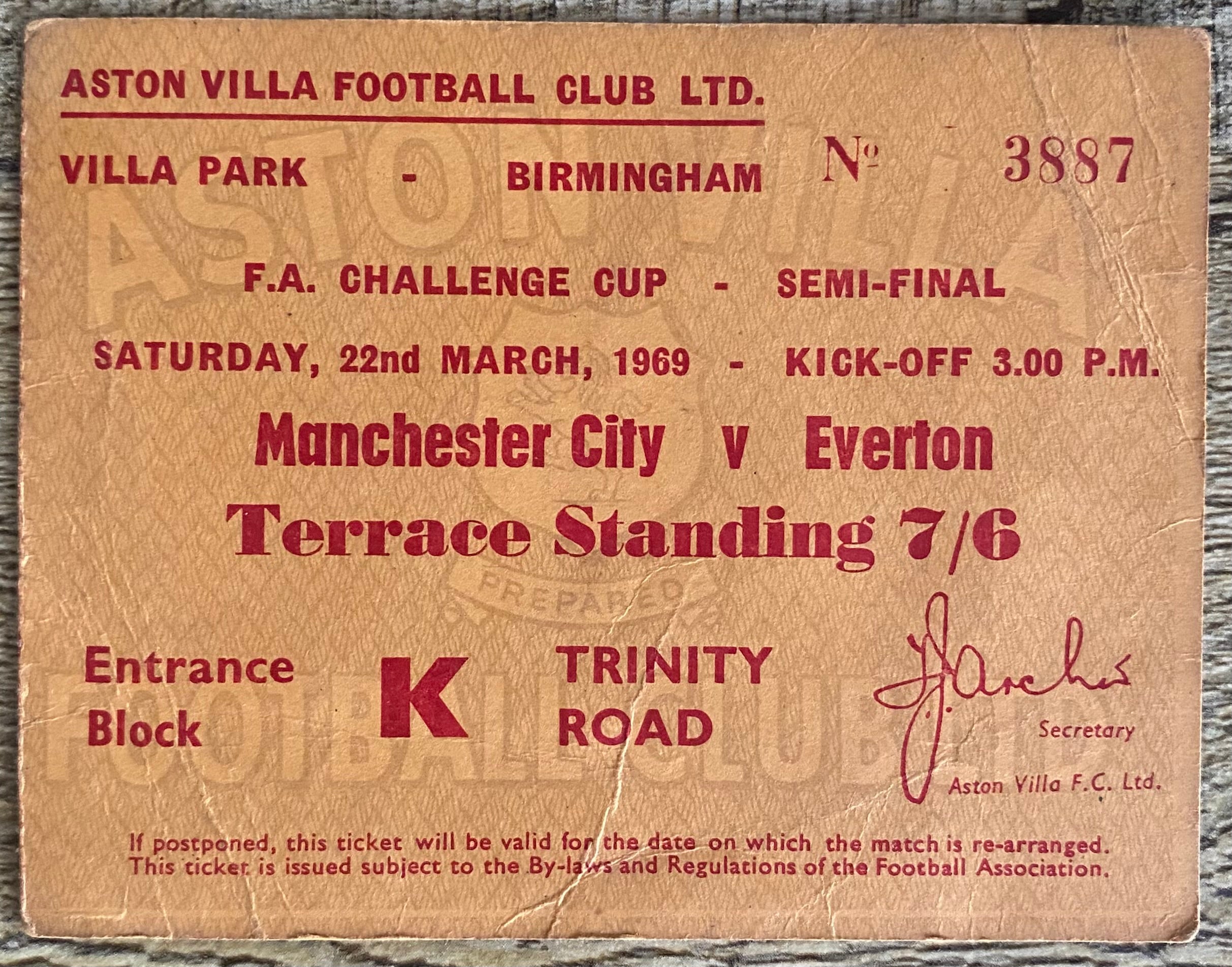 1969 ORIGINAL FA CUP SEMI FINAL TICKET MANCHESTER CITY V EVERTON @VILLA PARK