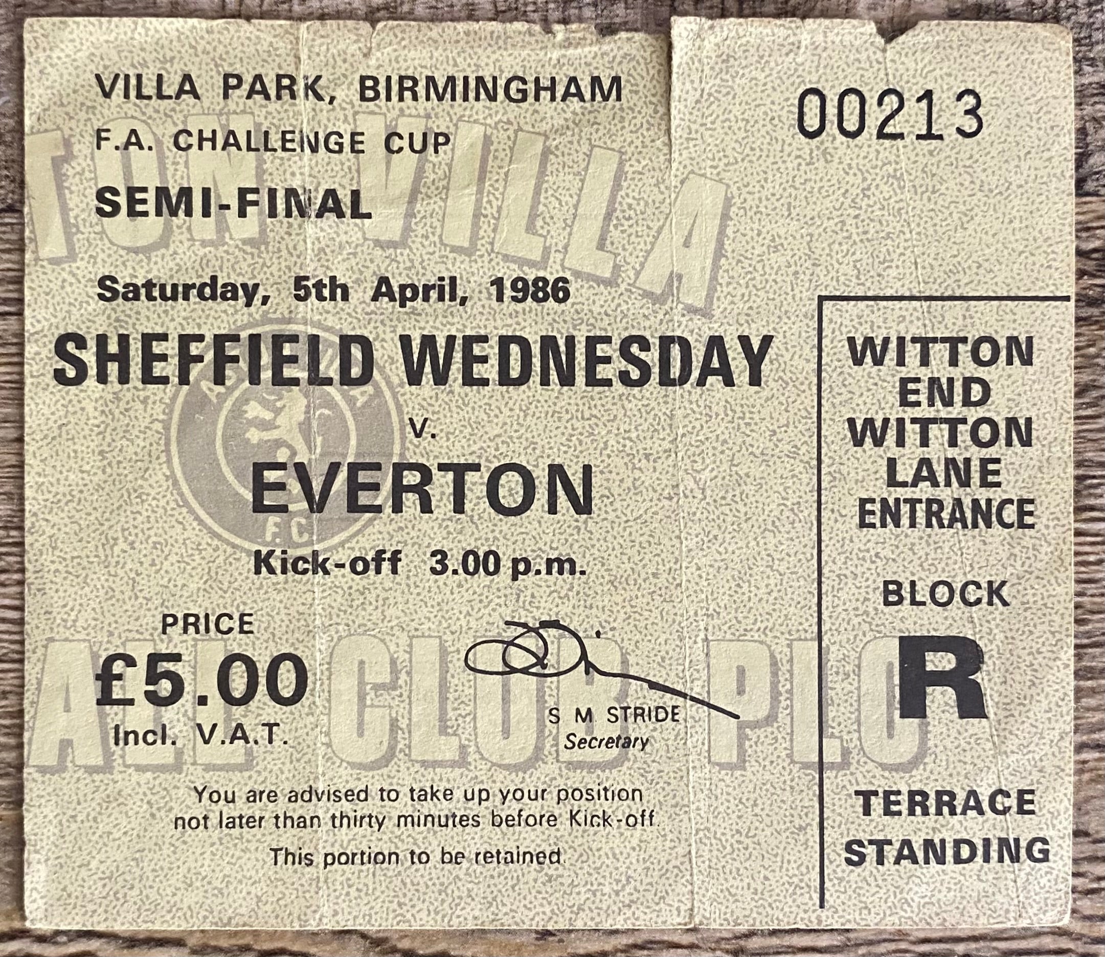 1986 ORIGINAL FA CUP SEMI FINAL TICKET EVERTON V SHEFFIELD WEDNESDAY @ VILLA PARK