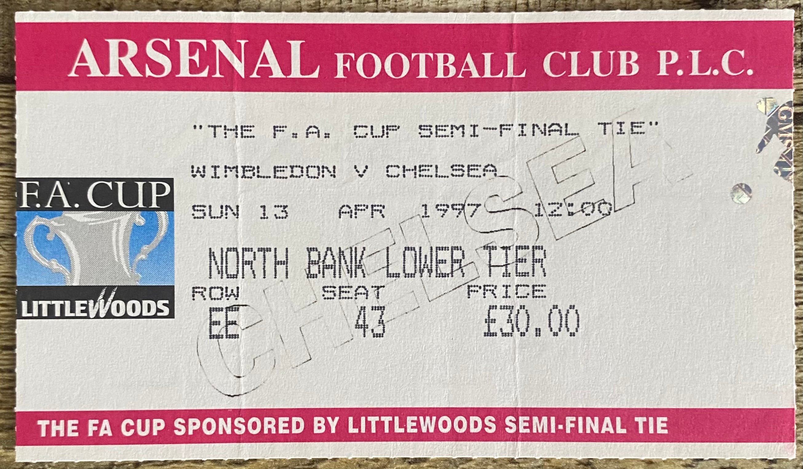 1997 ORIGINAL FA CUP SEMI FINAL TICKET WIMBLEDON V CHELSEA @ HIGHBURY