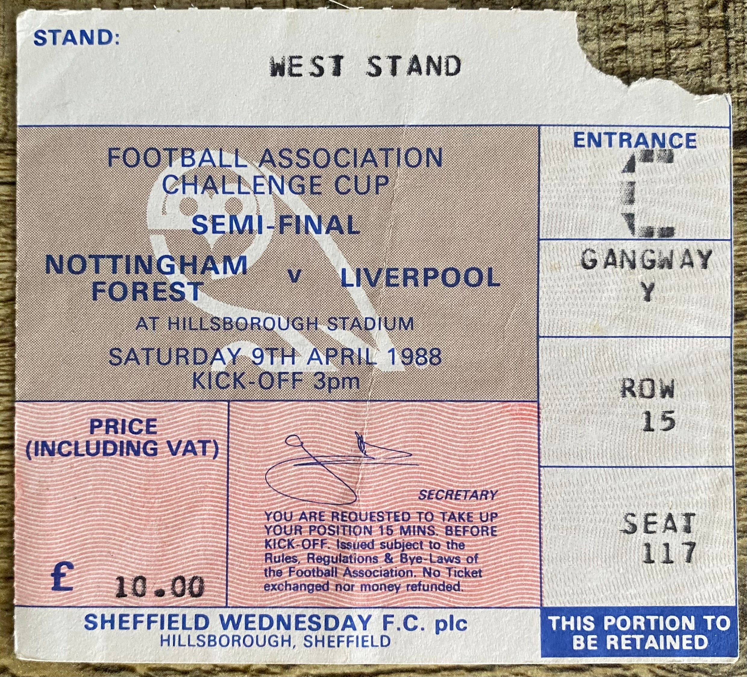 1988 ORIGINAL FA CUP SEMI FINAL TICKET LIVERPOOL V NOTTINGHAM FOREST @ HILLSBOROUGH