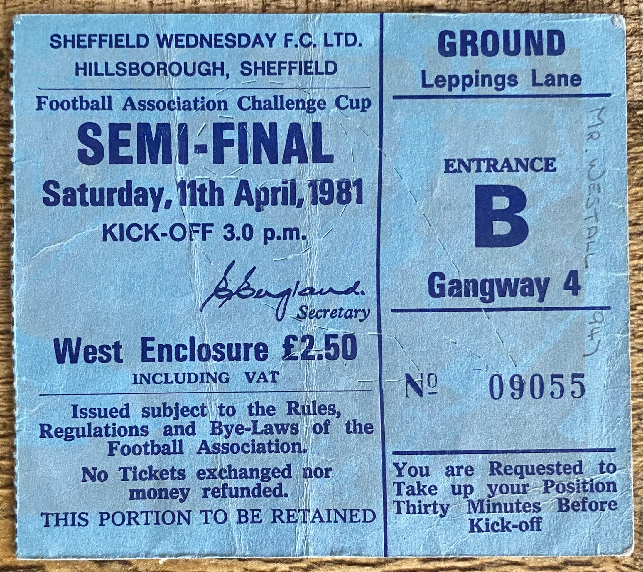 1981 ORIGINAL FA CUP SEMI FINAL TICKET TOTTENHAM HOTSPUR V WOLVERHAMPTON WANDERERS @ HILLSBOROUGH