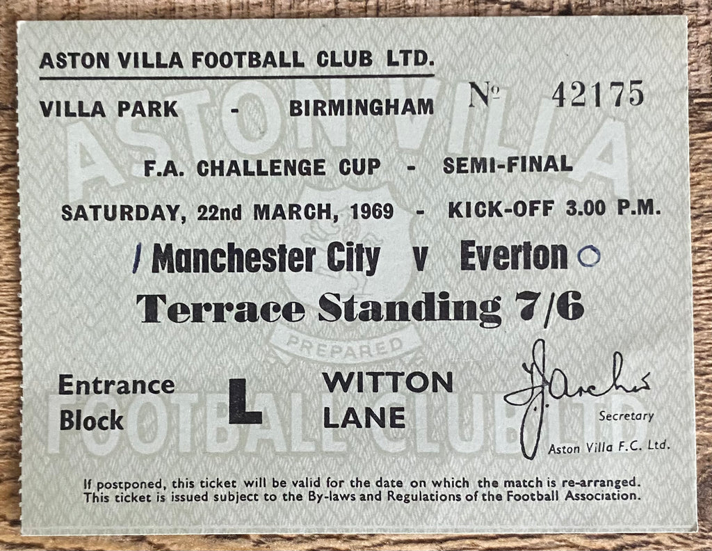 1969 ORIGINAL FA CUP SEMI FINAL TICKET MANCHESTER CITY V EVERTON @VILLA PARK