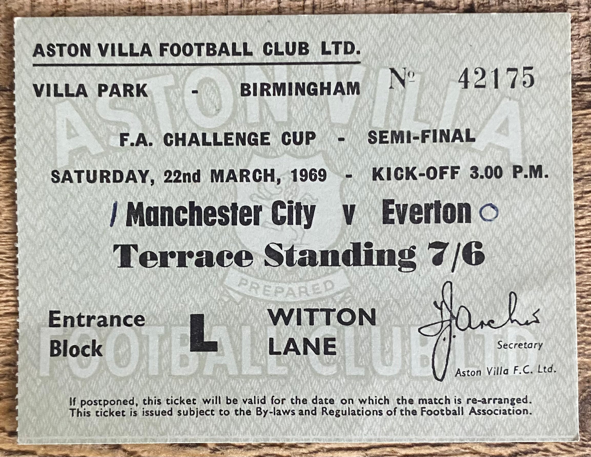 1969 ORIGINAL FA CUP SEMI FINAL TICKET MANCHESTER CITY V EVERTON @VILLA PARK