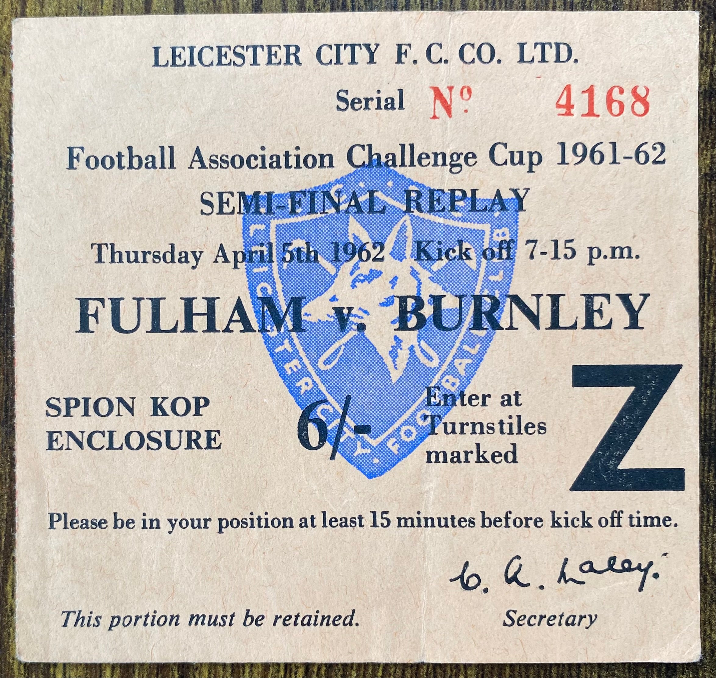 1962 ORIGINAL FA CUP SEMI FINAL REPLAY TICKET FULHAM V BURNLEY @ FILBERT STREET