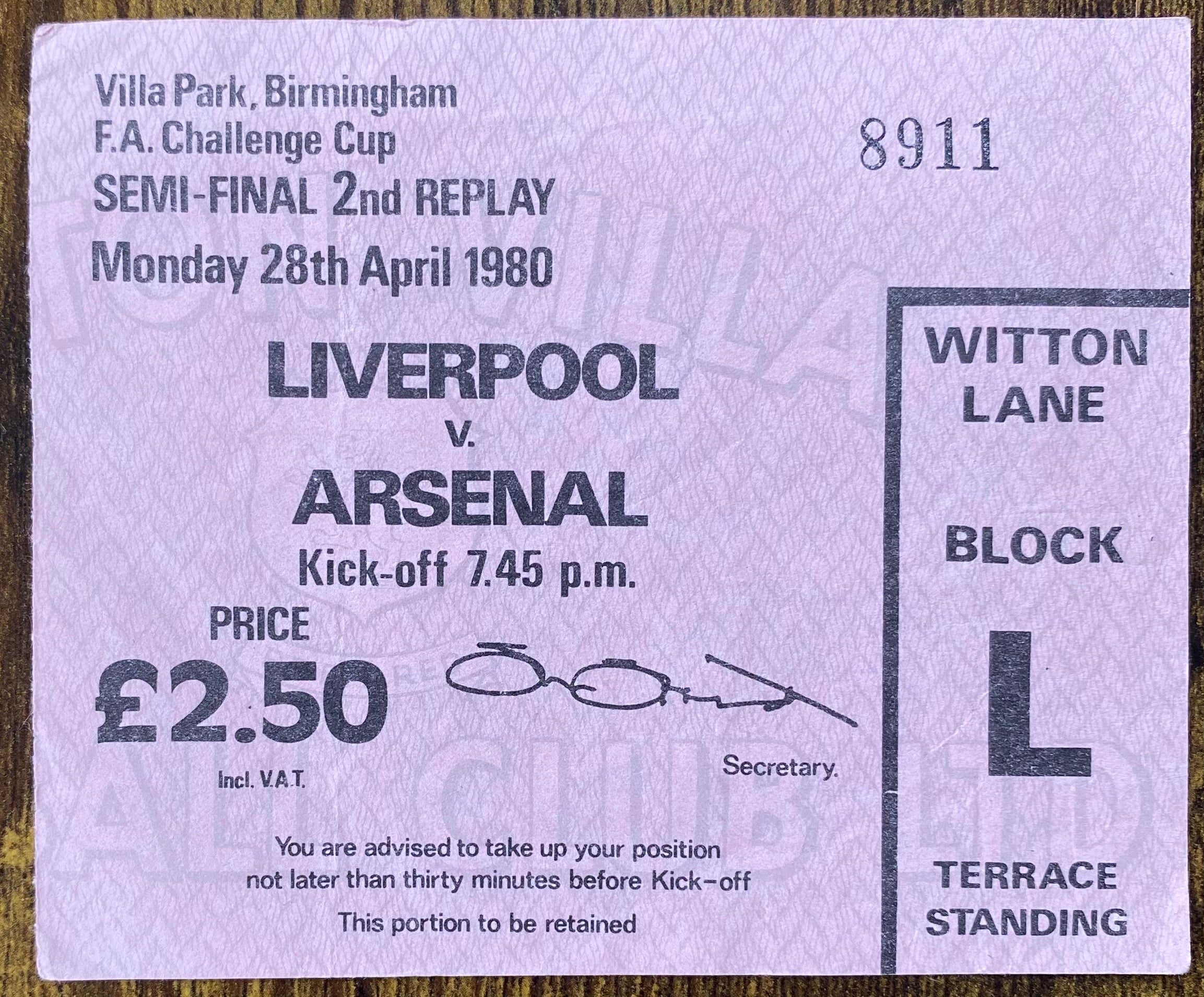 1980 ORIGINAL FA CUP SEMI FINAL 2ND REPLAY TICKET LIVERPOOL V ARSENAL @VILLA PARK