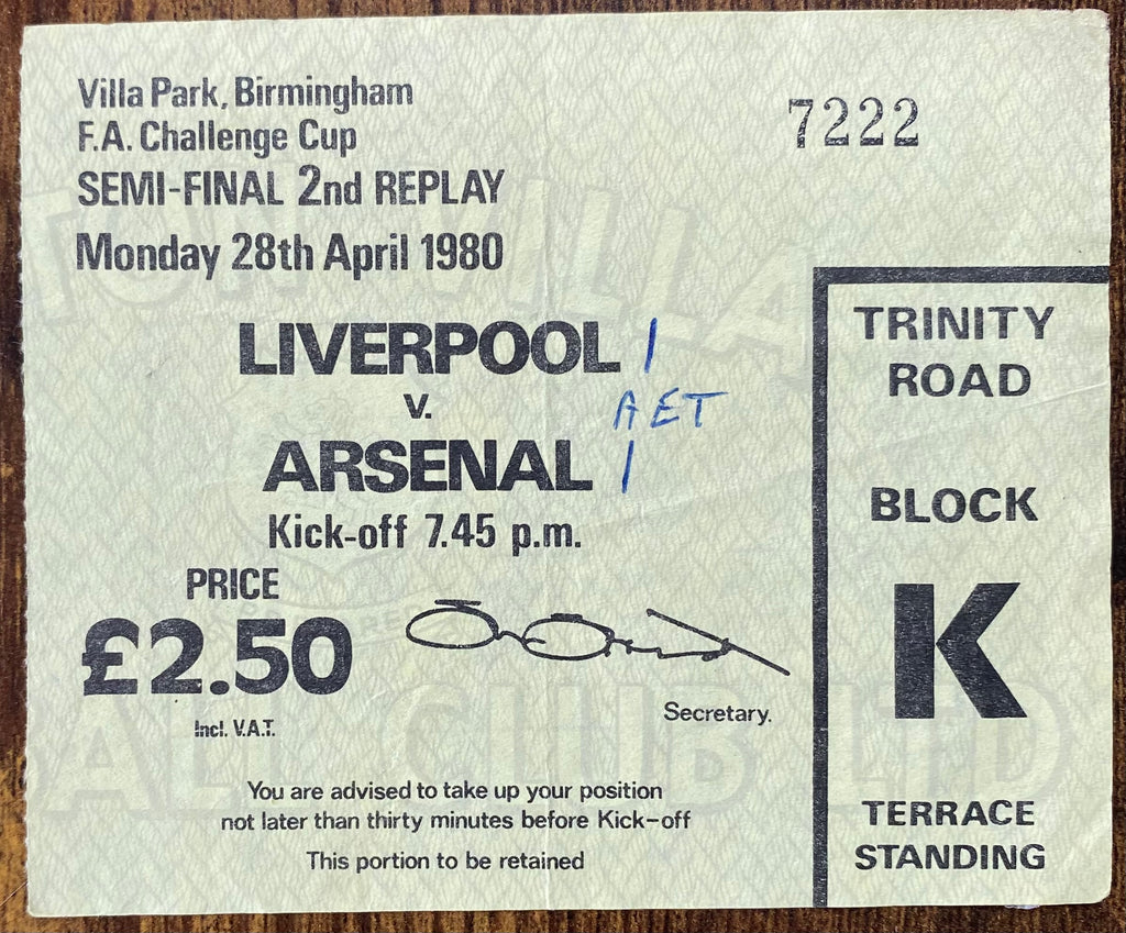 1980 ORIGINAL FA CUP SEMI FINAL 2ND REPLAY TICKET LIVERPOOL V ARSENAL @VILLA PARK
