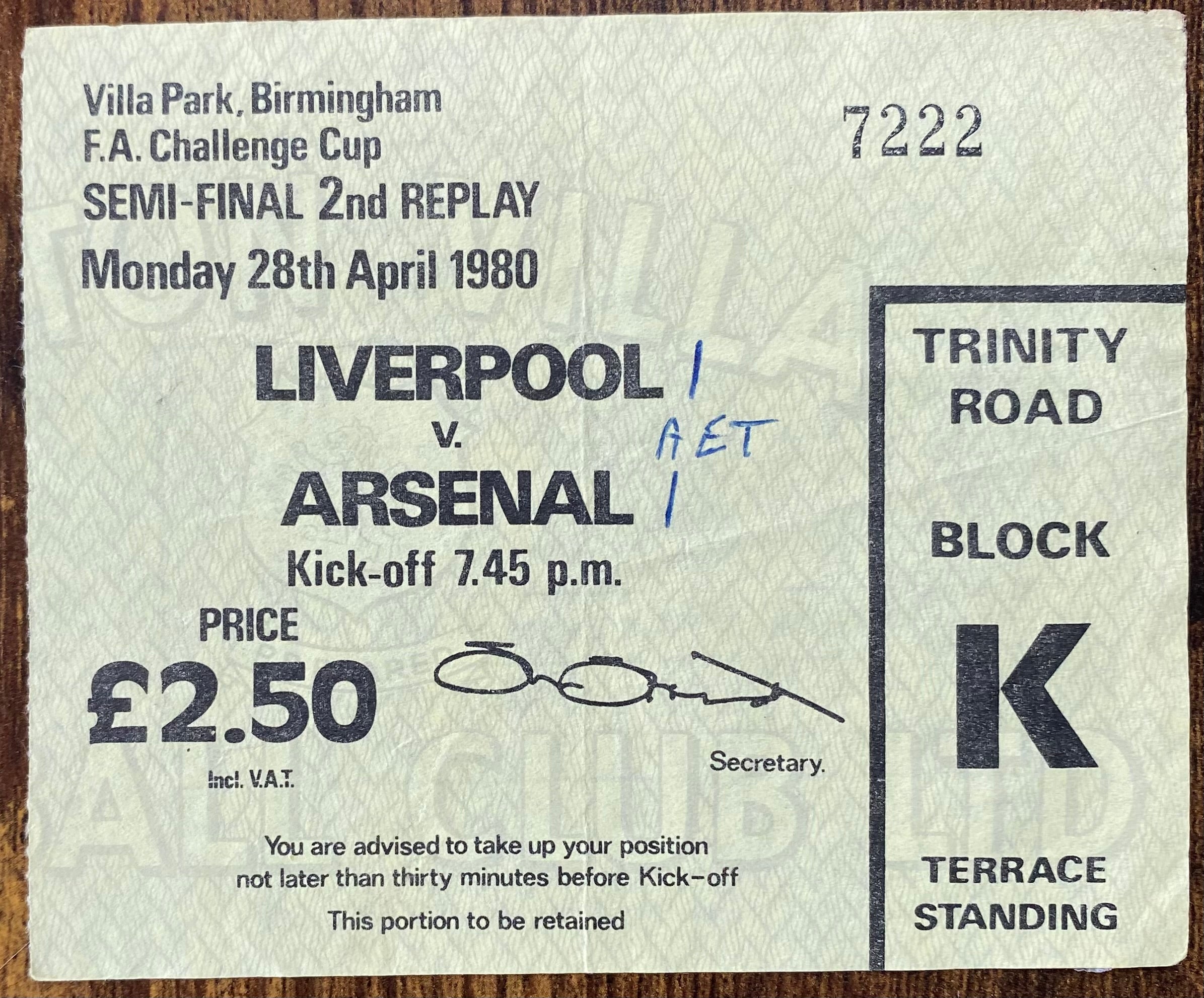 1980 ORIGINAL FA CUP SEMI FINAL 2ND REPLAY TICKET LIVERPOOL V ARSENAL @VILLA PARK