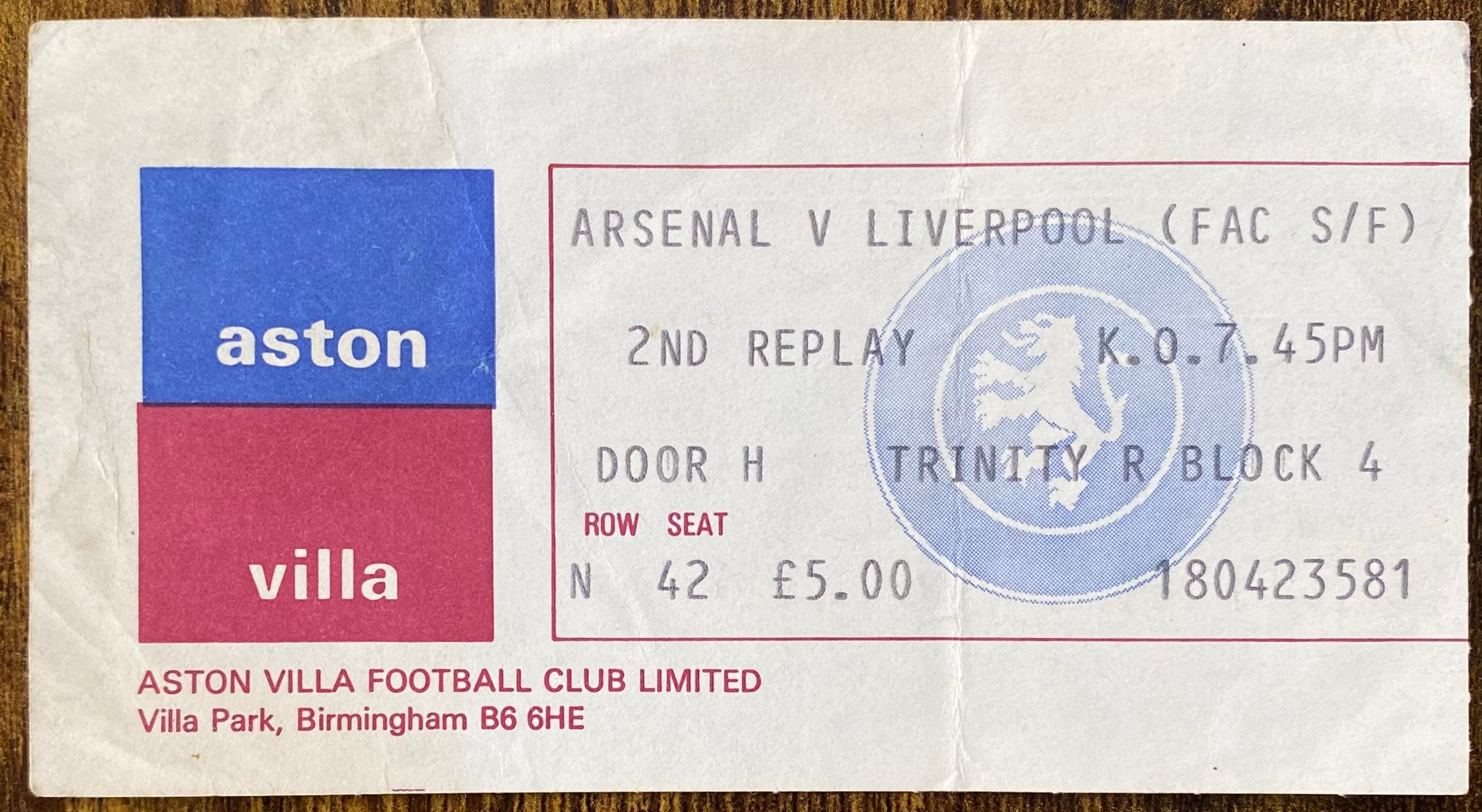 1980 ORIGINAL FA CUP SEMI FINAL 2ND REPLAY TICKET LIVERPOOL V ARSENAL @VILLA PARK