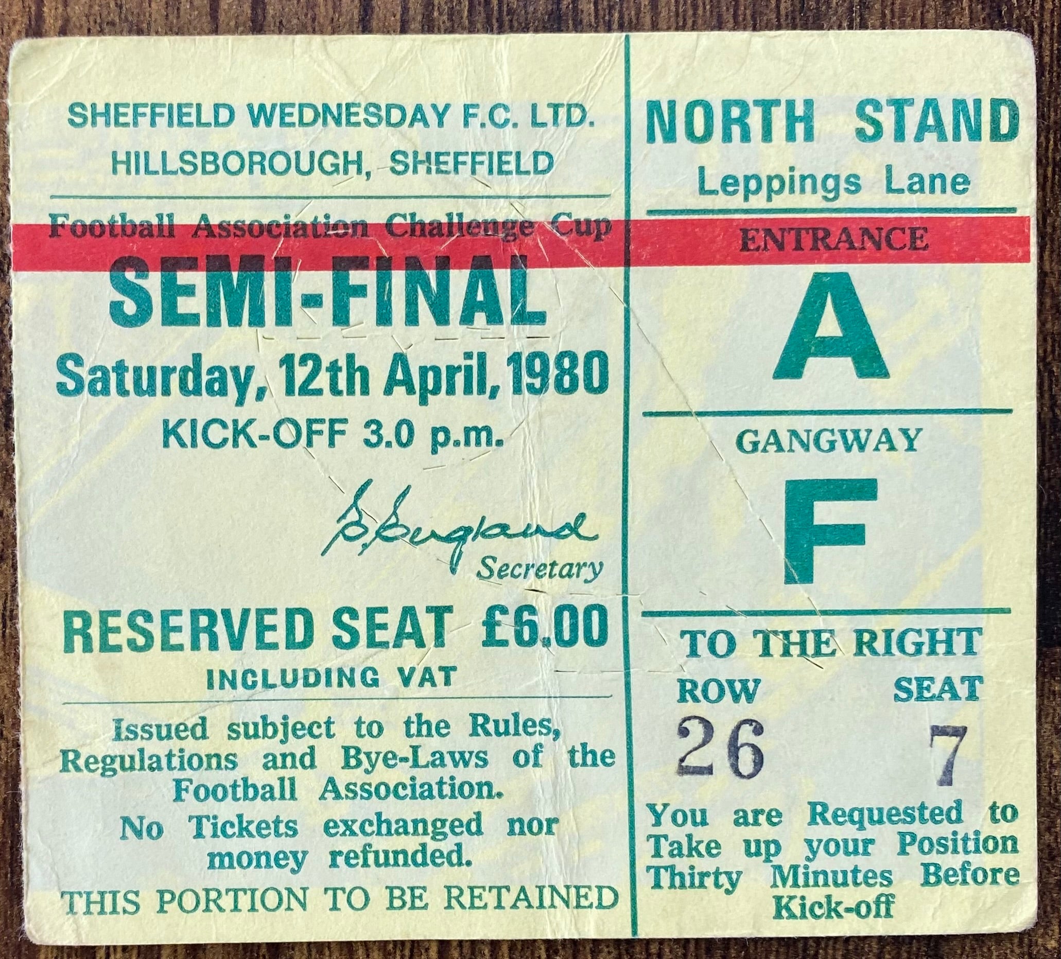 1980 ORIGINAL FA CUP SEMI FINAL TICKET LIVERPOOL V ARSENAL @ HILLSBOROUGH