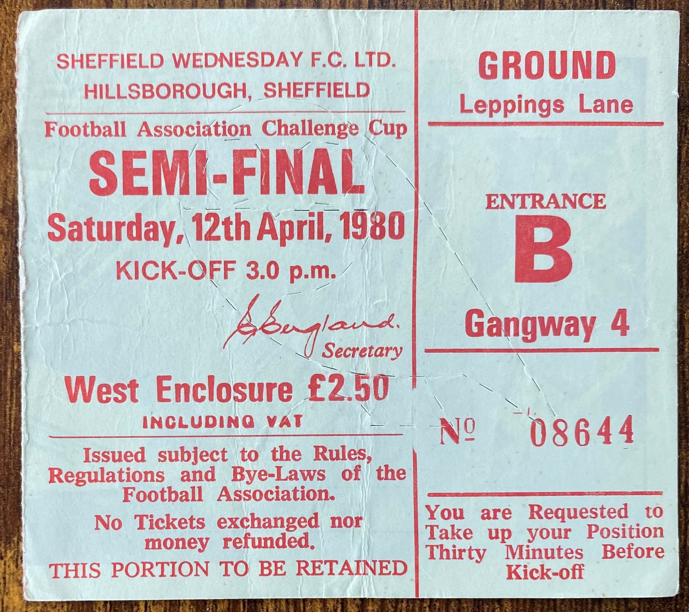 1980 ORIGINAL FA CUP SEMI FINAL TICKET LIVERPOOL V ARSENAL @ HILLSBOROUGH