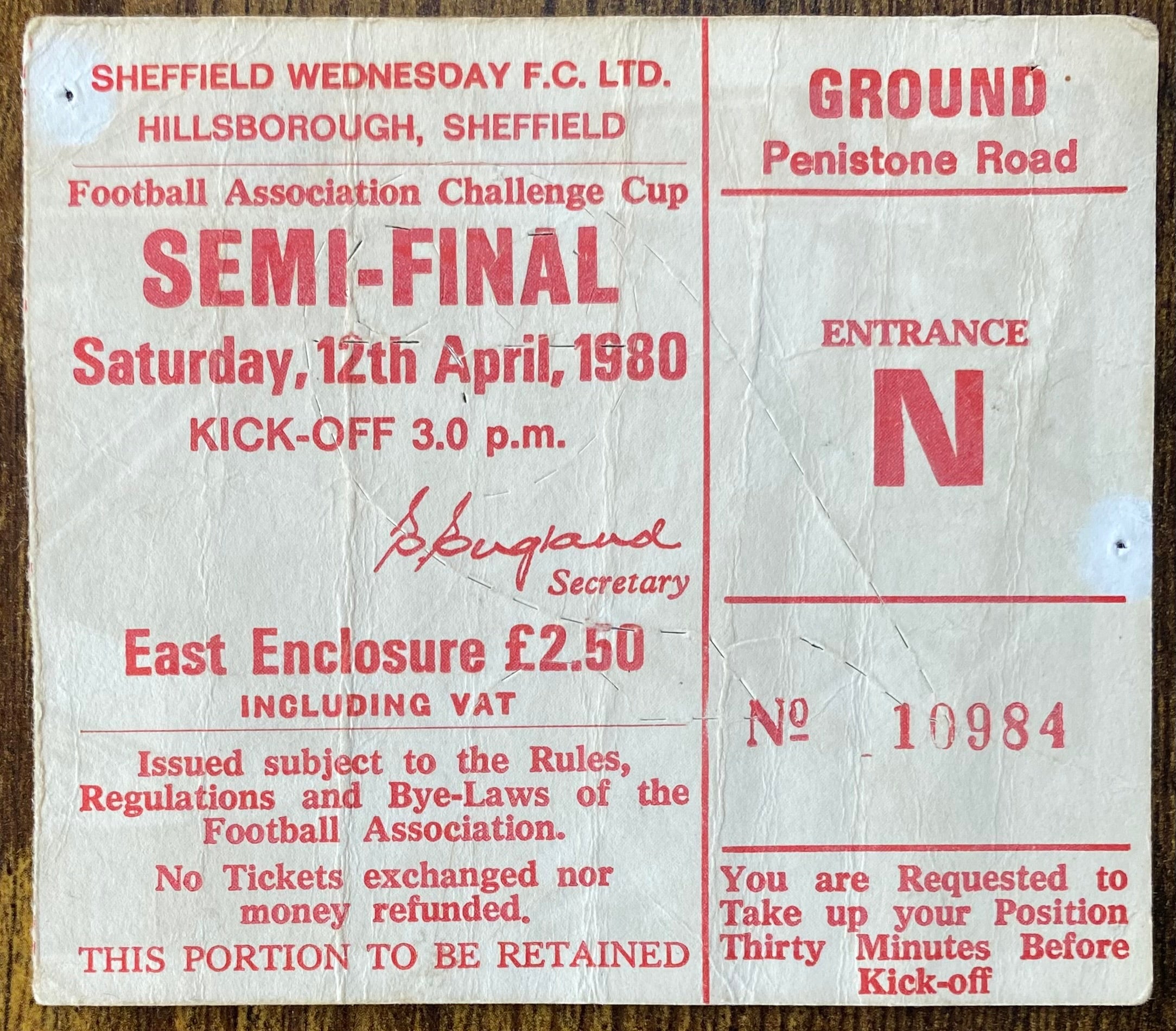1980 ORIGINAL FA CUP SEMI FINAL TICKET LIVERPOOL V ARSENAL @ HILLSBOROUGH