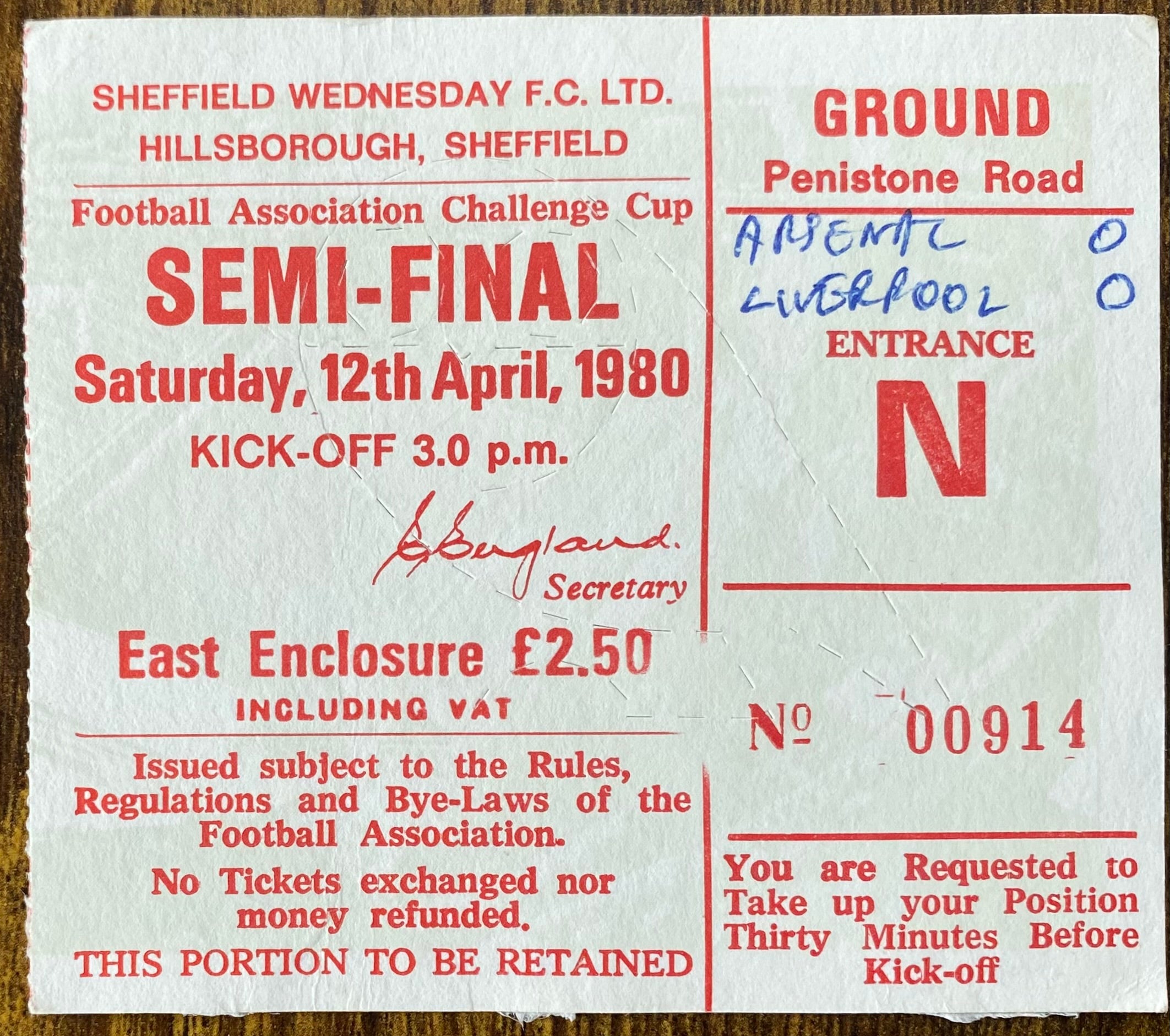 1980 ORIGINAL FA CUP SEMI FINAL TICKET LIVERPOOL V ARSENAL @ HILLSBOROUGH