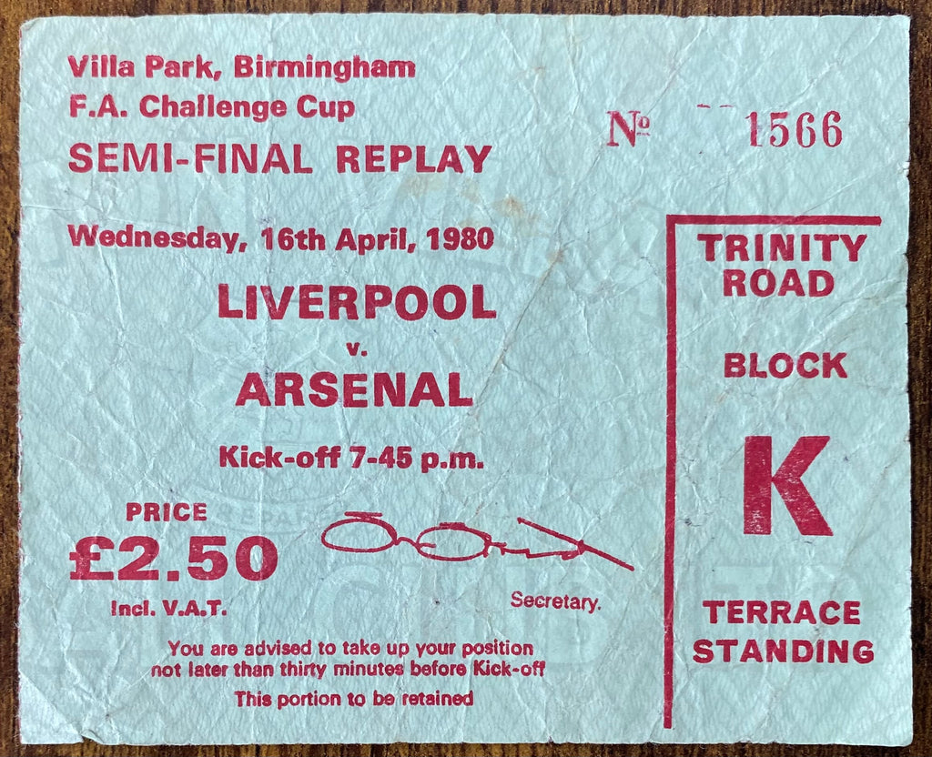 1980 ORIGINAL FA CUP SEMI FINAL REPLAY TICKET LIVERPOOL V ARSENAL @VILLA PARK
