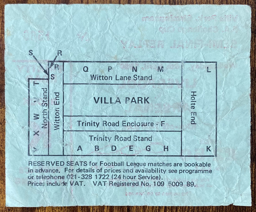 1980 ORIGINAL FA CUP SEMI FINAL REPLAY TICKET LIVERPOOL V ARSENAL @VILLA PARK
