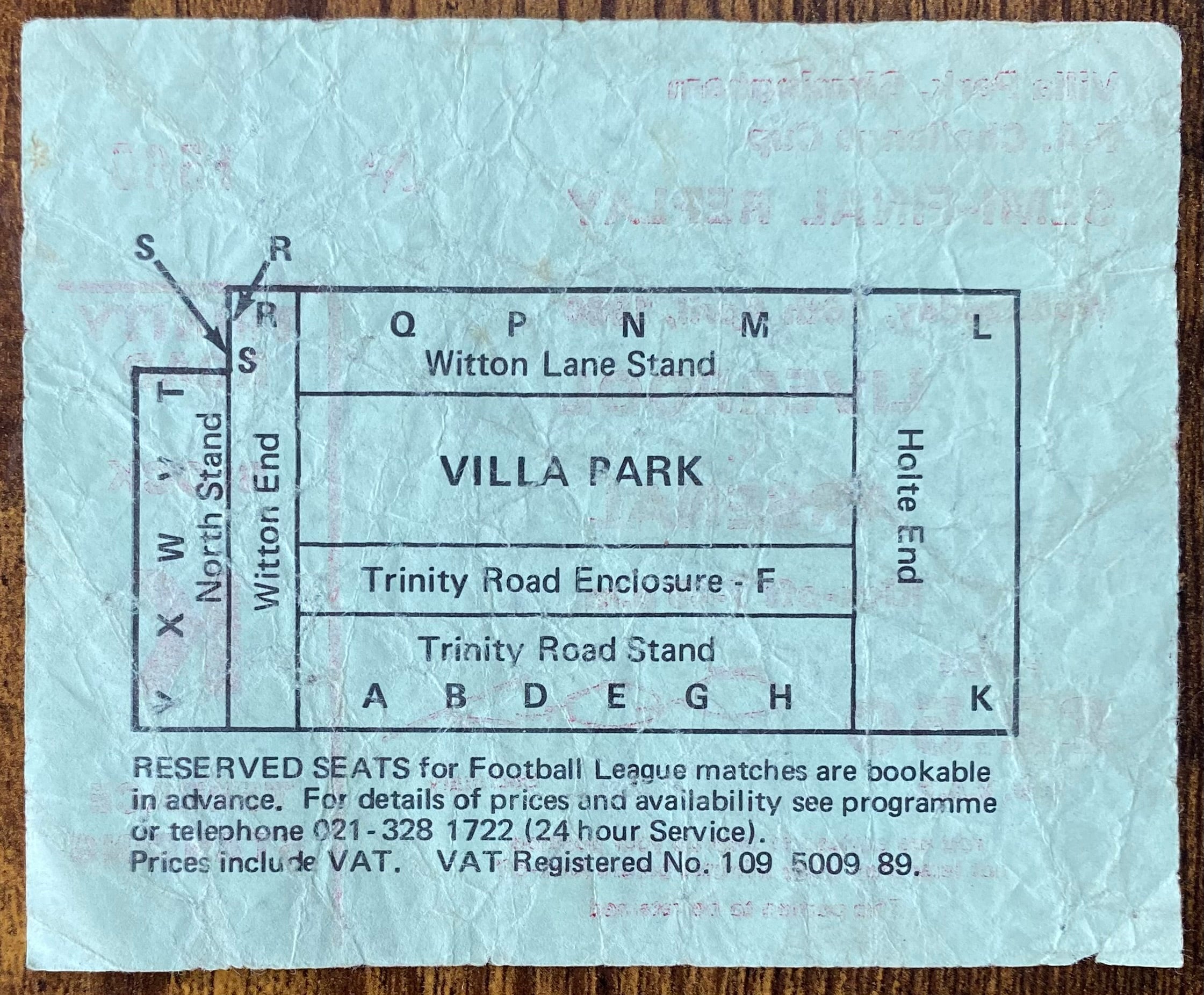 1980 ORIGINAL FA CUP SEMI FINAL REPLAY TICKET LIVERPOOL V ARSENAL @VILLA PARK