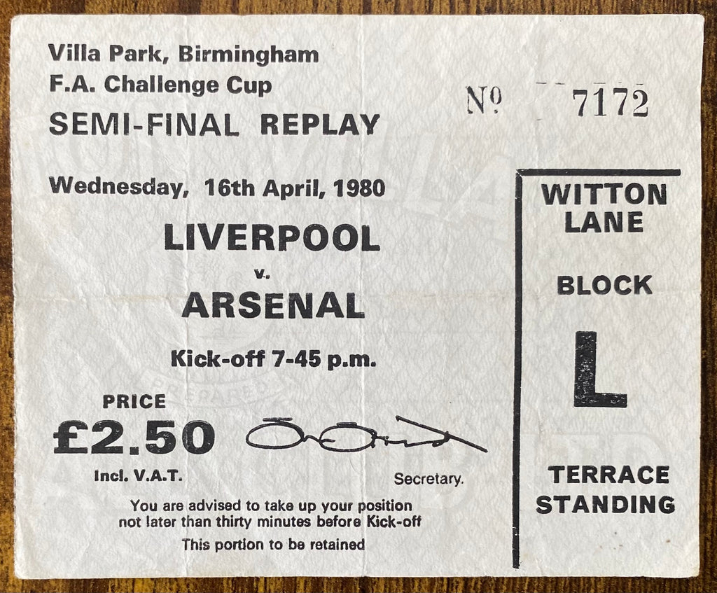 1980 ORIGINAL FA CUP SEMI FINAL REPLAY TICKET LIVERPOOL V ARSENAL @VILLA PARK