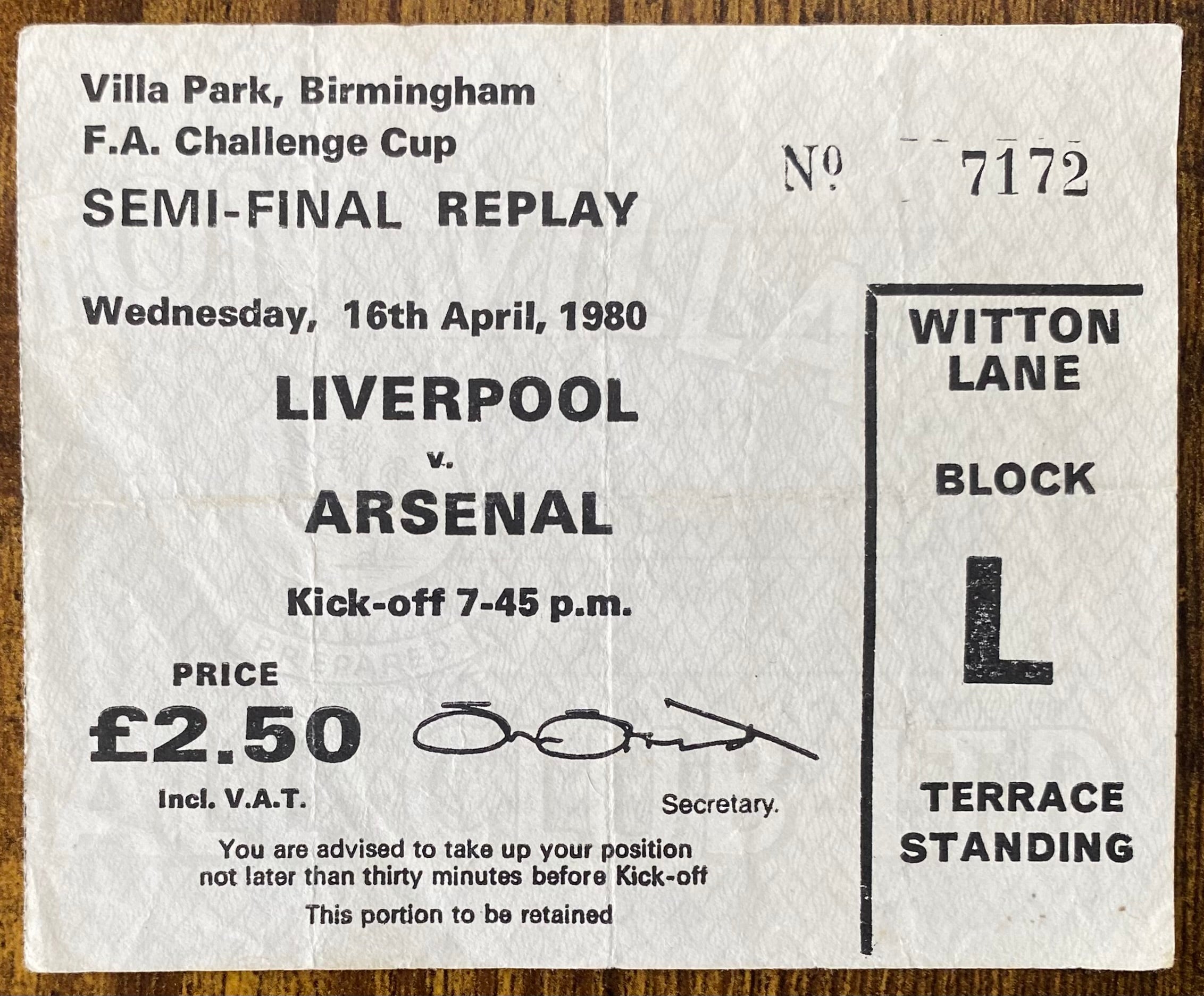 1980 ORIGINAL FA CUP SEMI FINAL REPLAY TICKET LIVERPOOL V ARSENAL @VILLA PARK