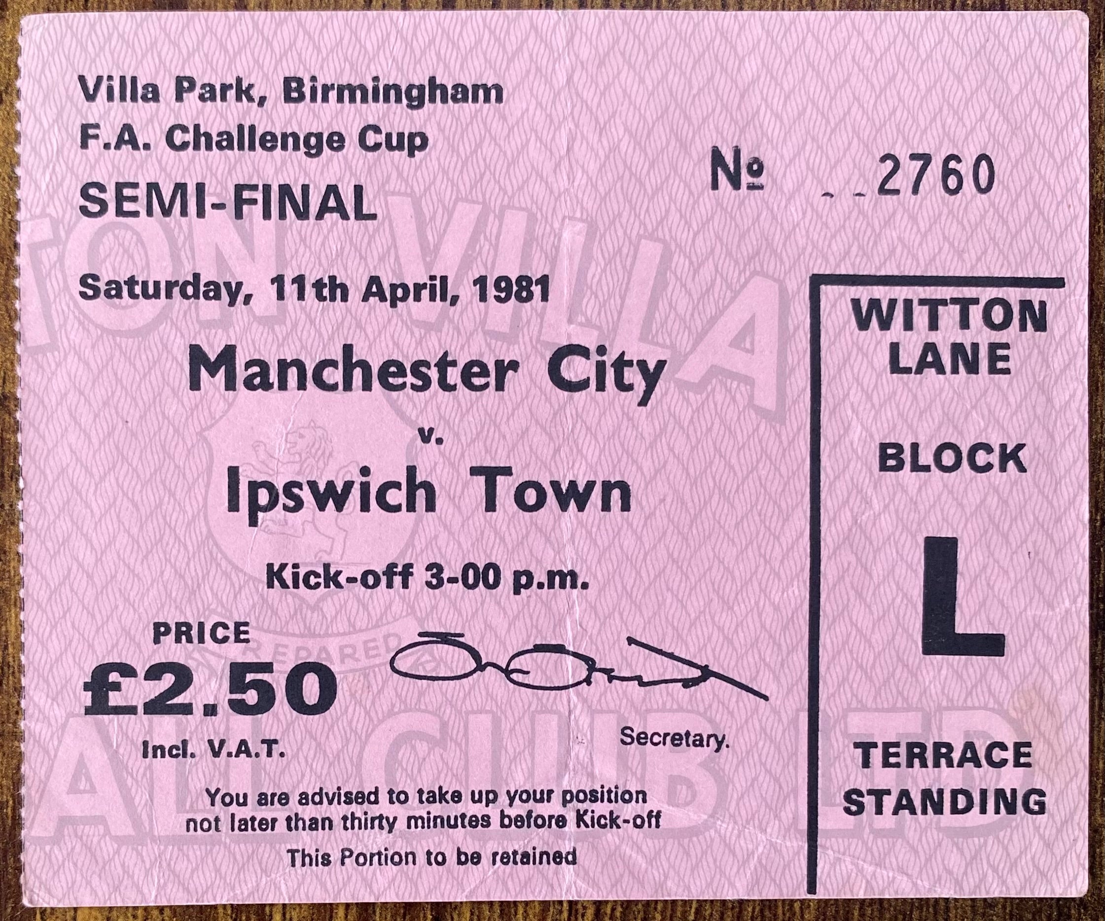 1981 ORIGINAL FA CUP SEMI FINAL TICKET MANCHESTER CITY V IPSWICH TOWN @VILLA PARK
