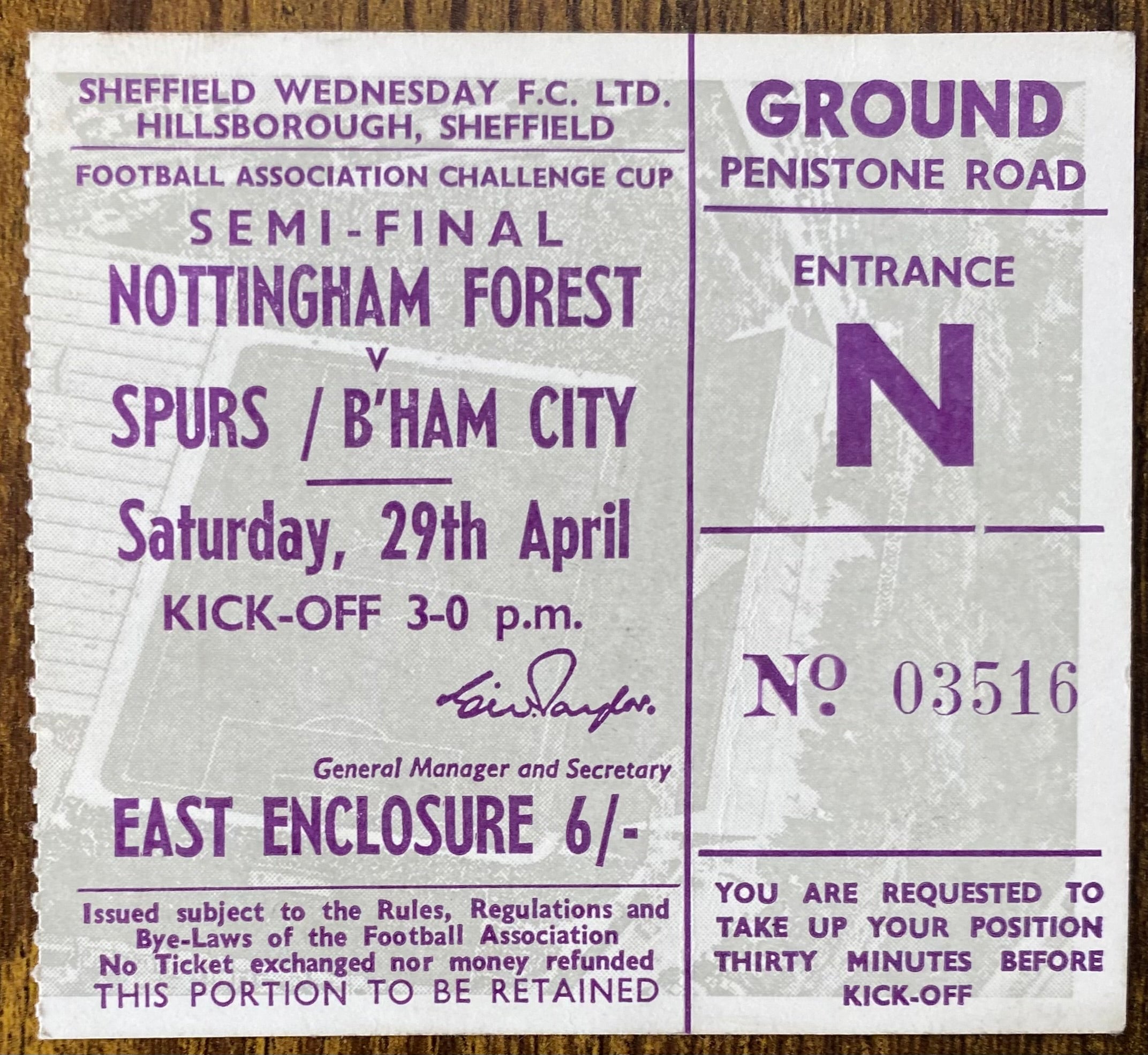 1967 ORIGINAL FA CUP SEMI FINAL TICKET TOTTENHAM HOTSPUR V BIRMINGHAM CITY @ HILLSBOROUGH