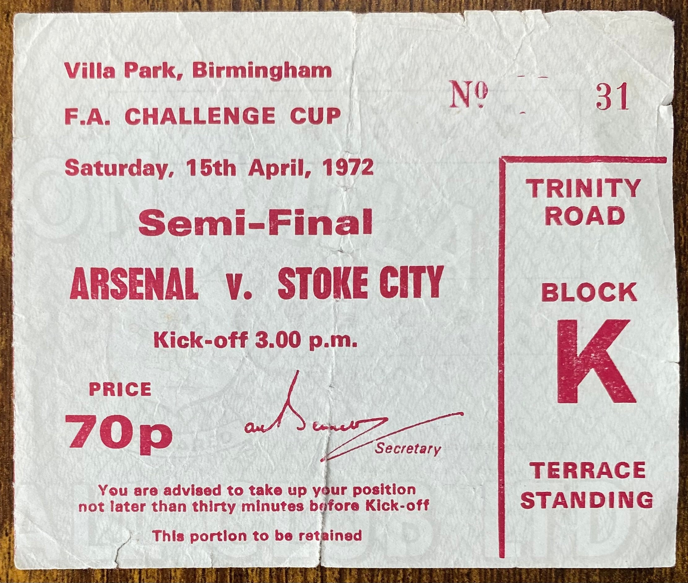 1972 ORIGINAL FA CUP SEMI FINAL TICKET STOKE CITY V ARSENAL @VILLA PARK