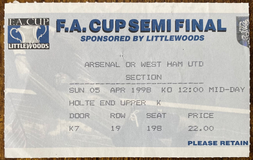 1998 ORIGINAL FA CUP SEMI FINAL TICKET WOLVERHAMPTON WANDERERS V ARSENAL @VILLA PARK