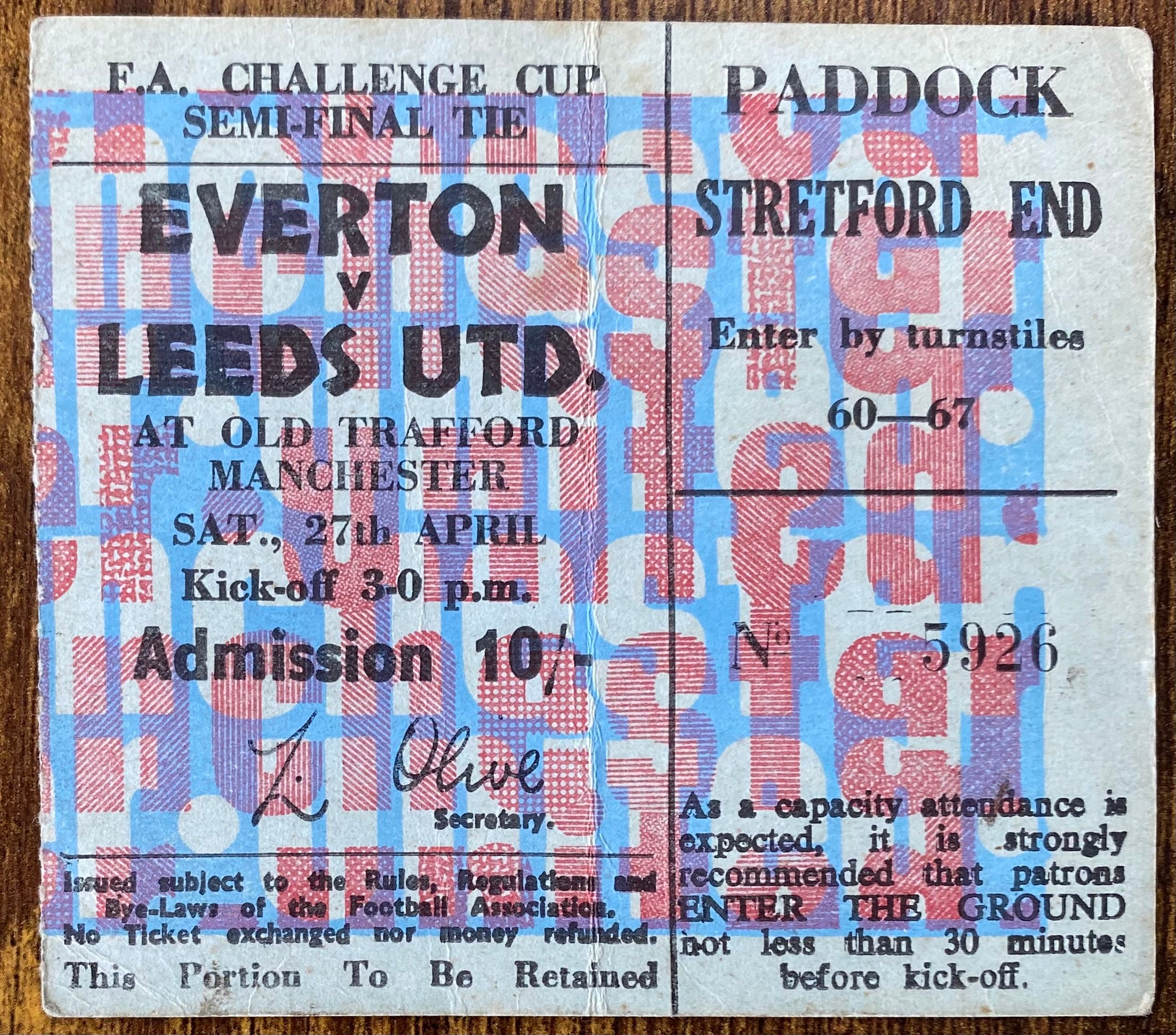 1968 ORIGINAL FA CUP SEMI FINAL TICKET LEEDS UNITED V EVERTON @ OLD TRAFFORD